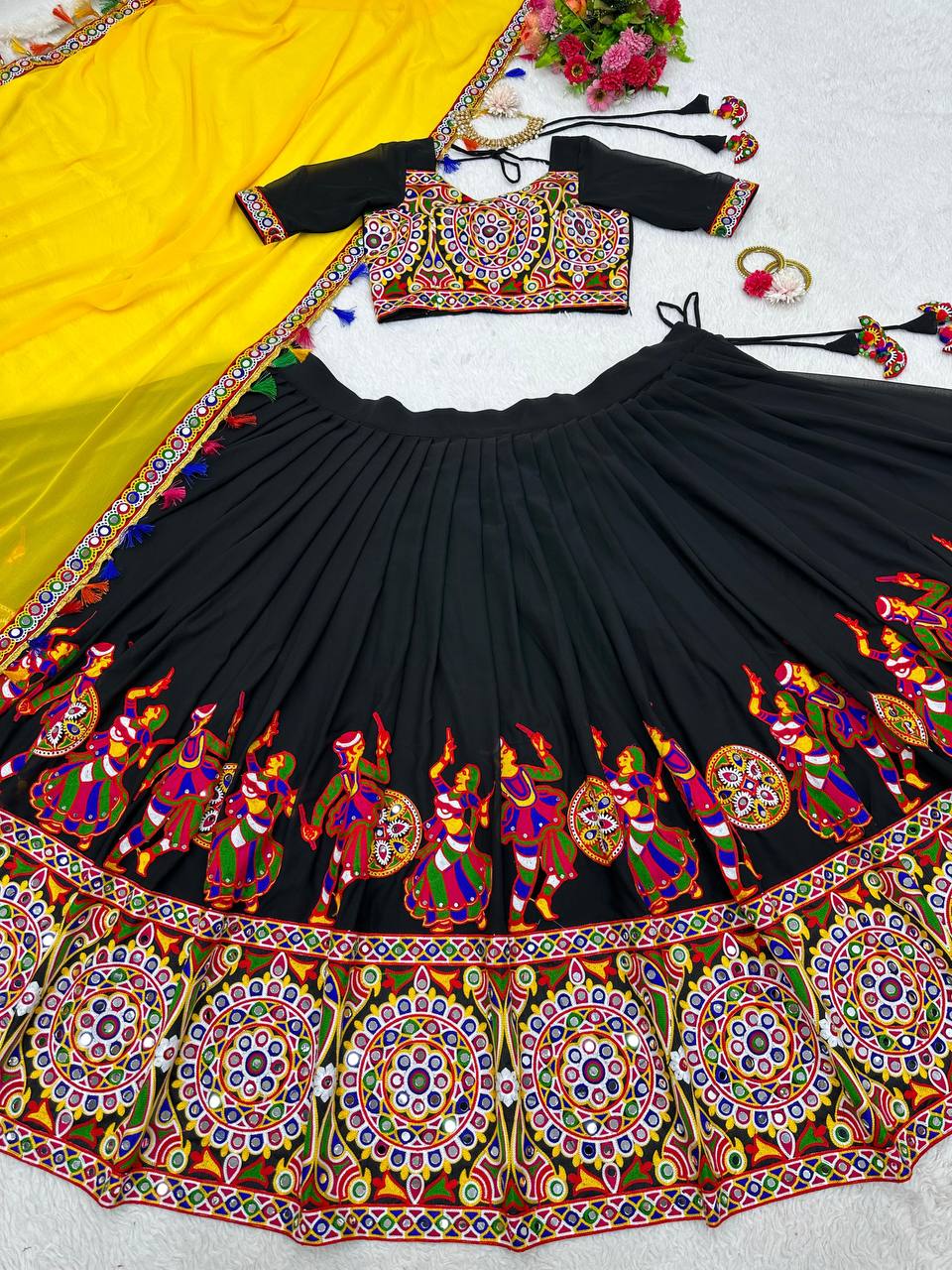 Black & Yellow Navratri Lehenga Choli with Original Mirror Work | Traditional Garba Lehenga Set