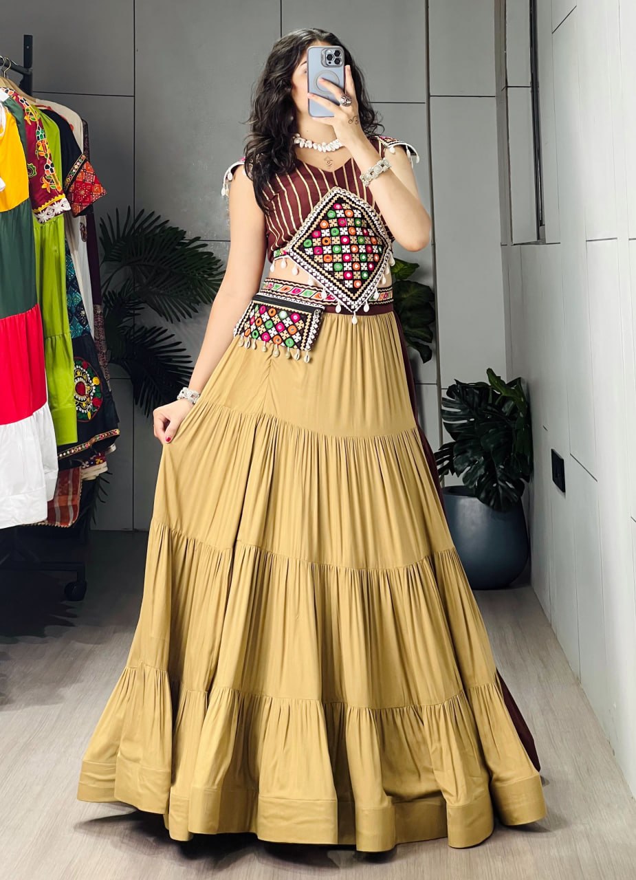 Classic Chocolate & Beige Navratri Chaniya Choli with Gamthi Mirror Work Purse