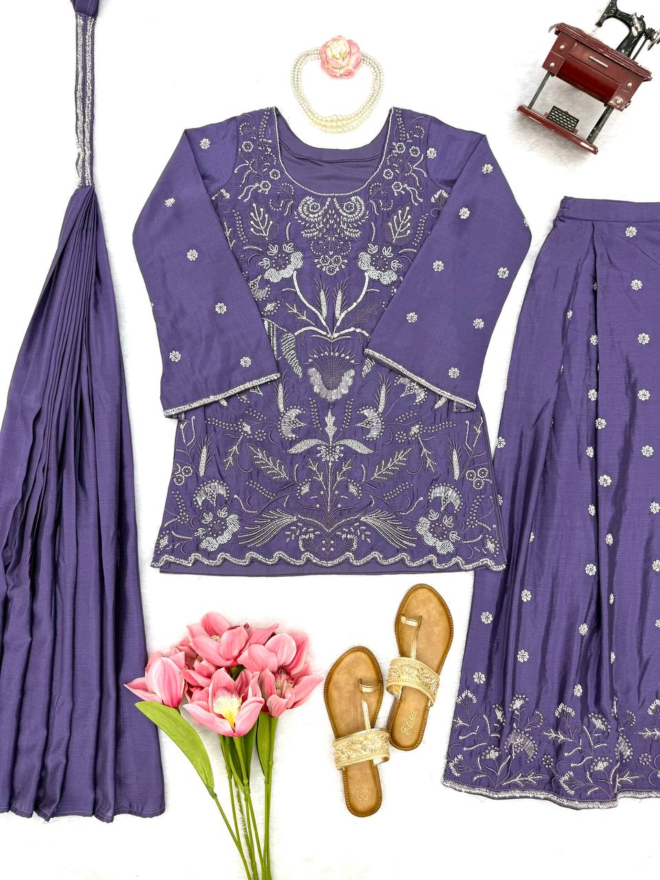 Purple Chinon Silk Cut Dana Beads Work Palazzo Suit Set with Dupatta
