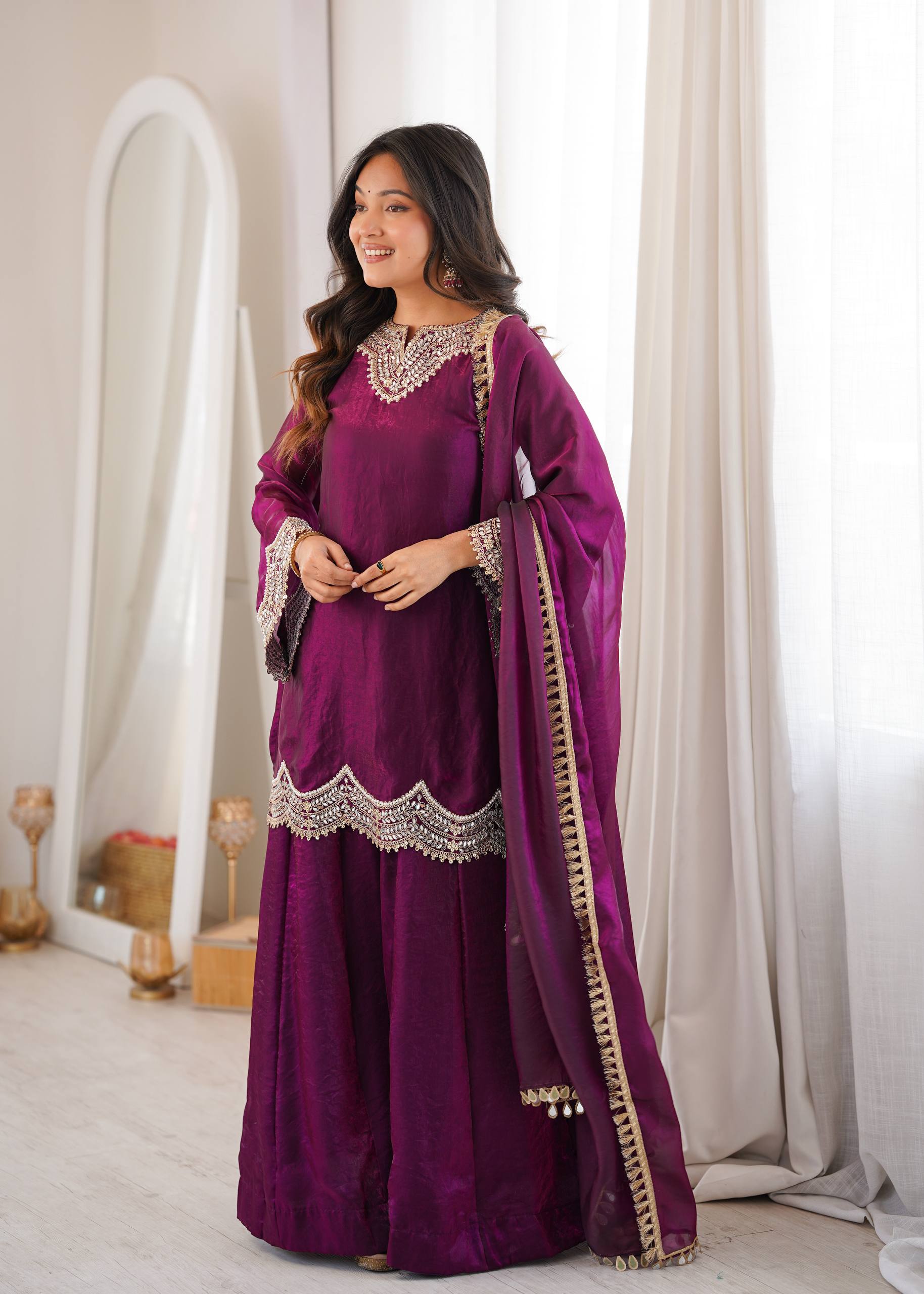Royal Purple Fendy Silk Sharara Suit Set with Real Mirror & Embroidery Work