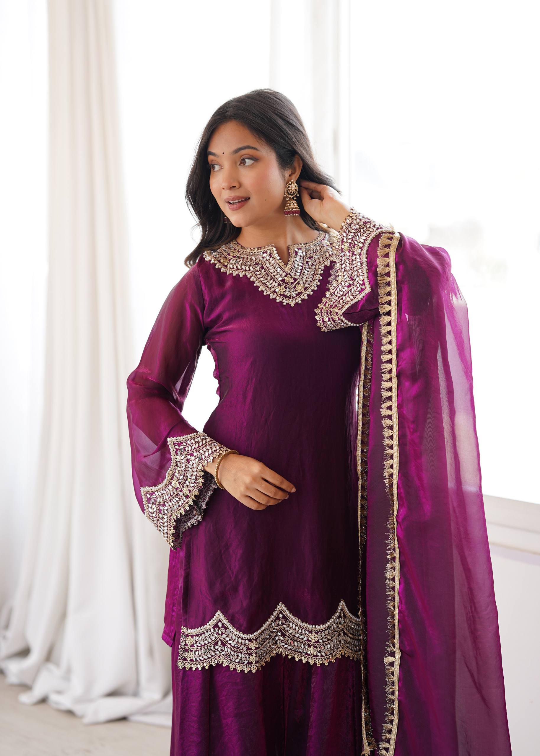 Royal Purple Fendy Silk Sharara Suit Set with Real Mirror & Embroidery Work