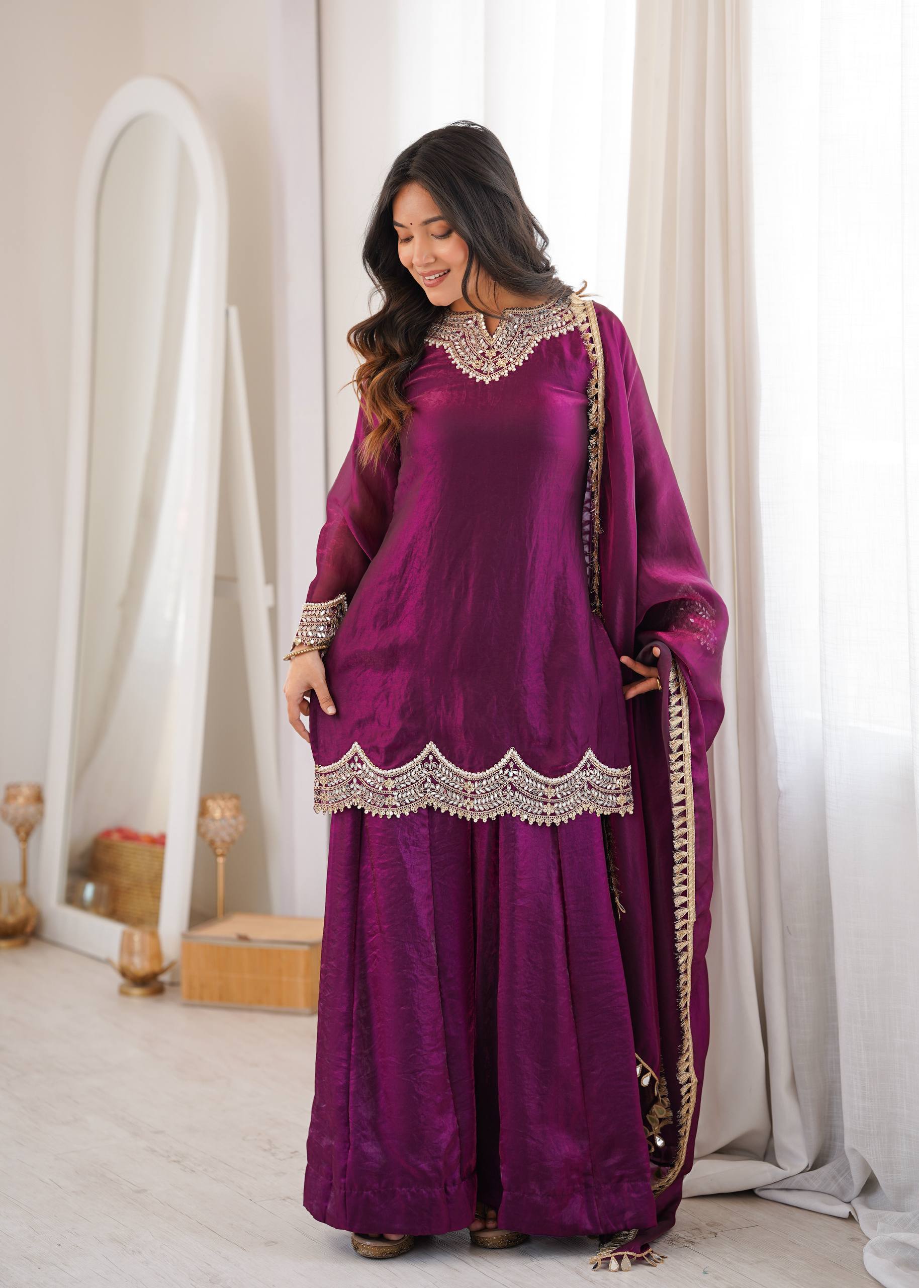 Royal Purple Fendy Silk Sharara Suit Set with Real Mirror & Embroidery Work