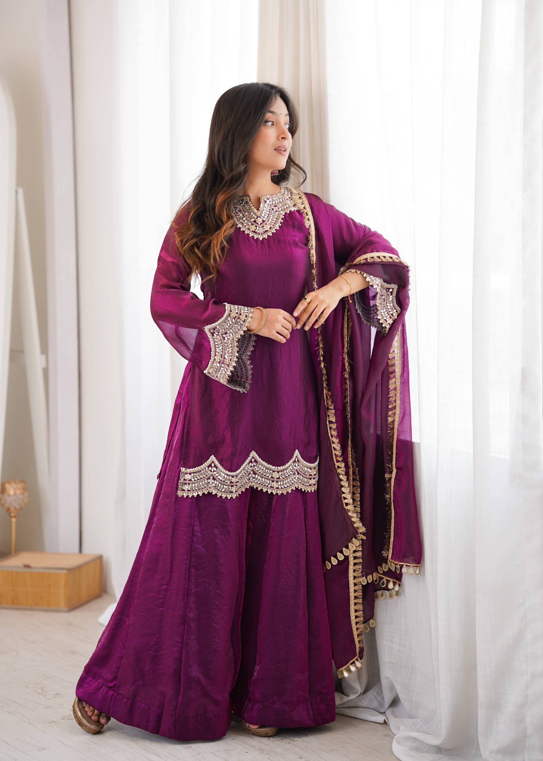 Royal Purple Fendy Silk Sharara Suit Set with Real Mirror & Embroidery Work