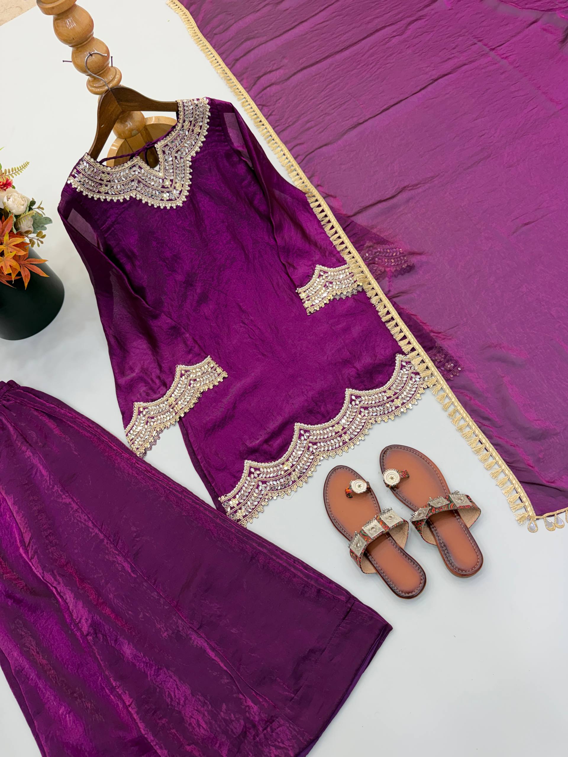 Royal Purple Fendy Silk Sharara Suit Set with Real Mirror & Embroidery Work