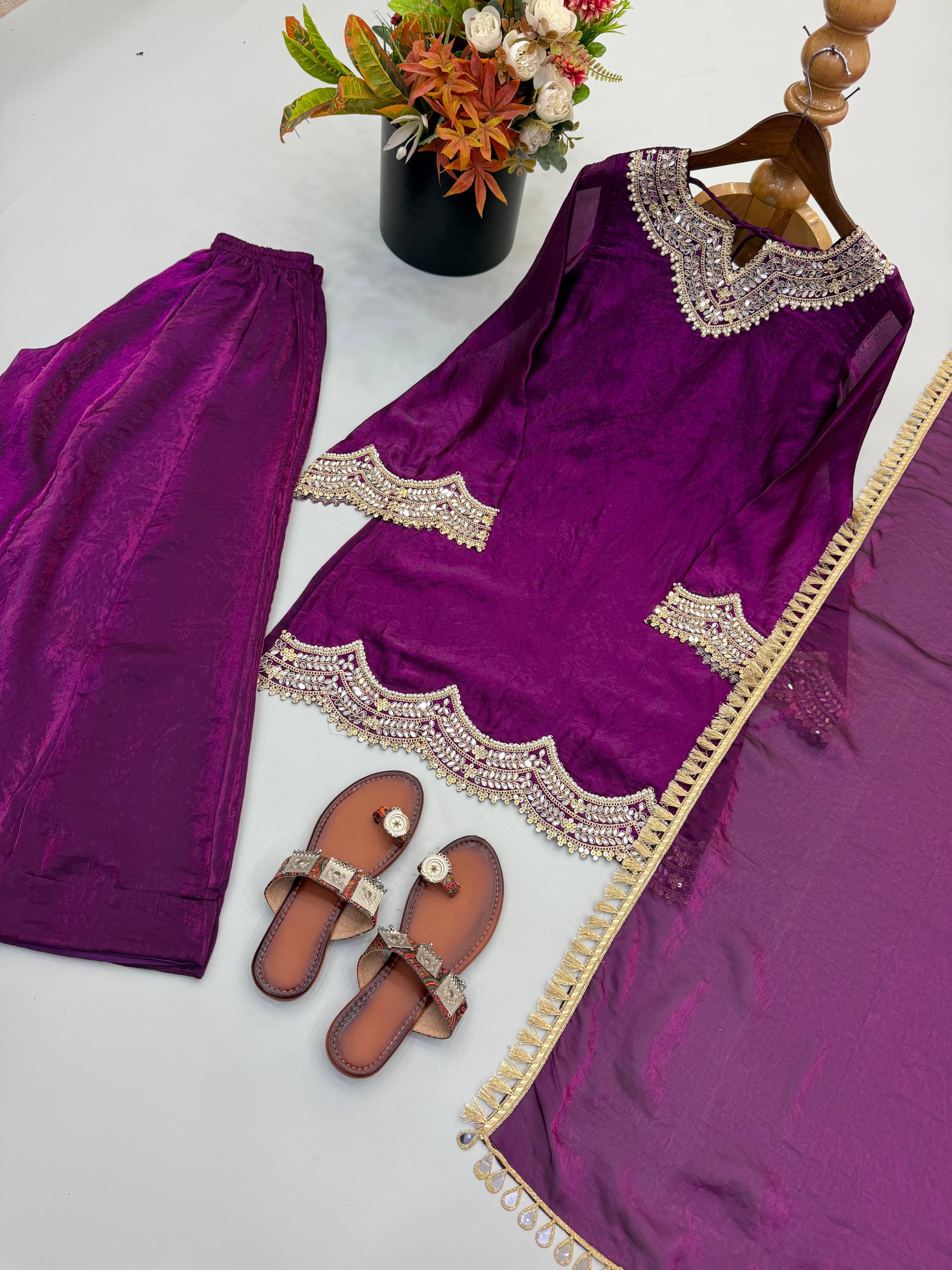 Royal Purple Fendy Silk Sharara Suit Set with Real Mirror & Embroidery Work