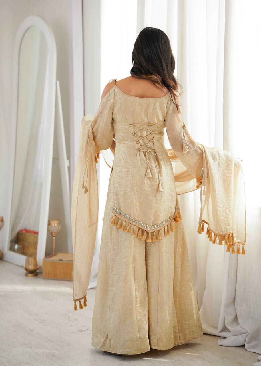 Champagne Gold Doremon Crush Kurta Palazzo Set with Tassel Dupatta