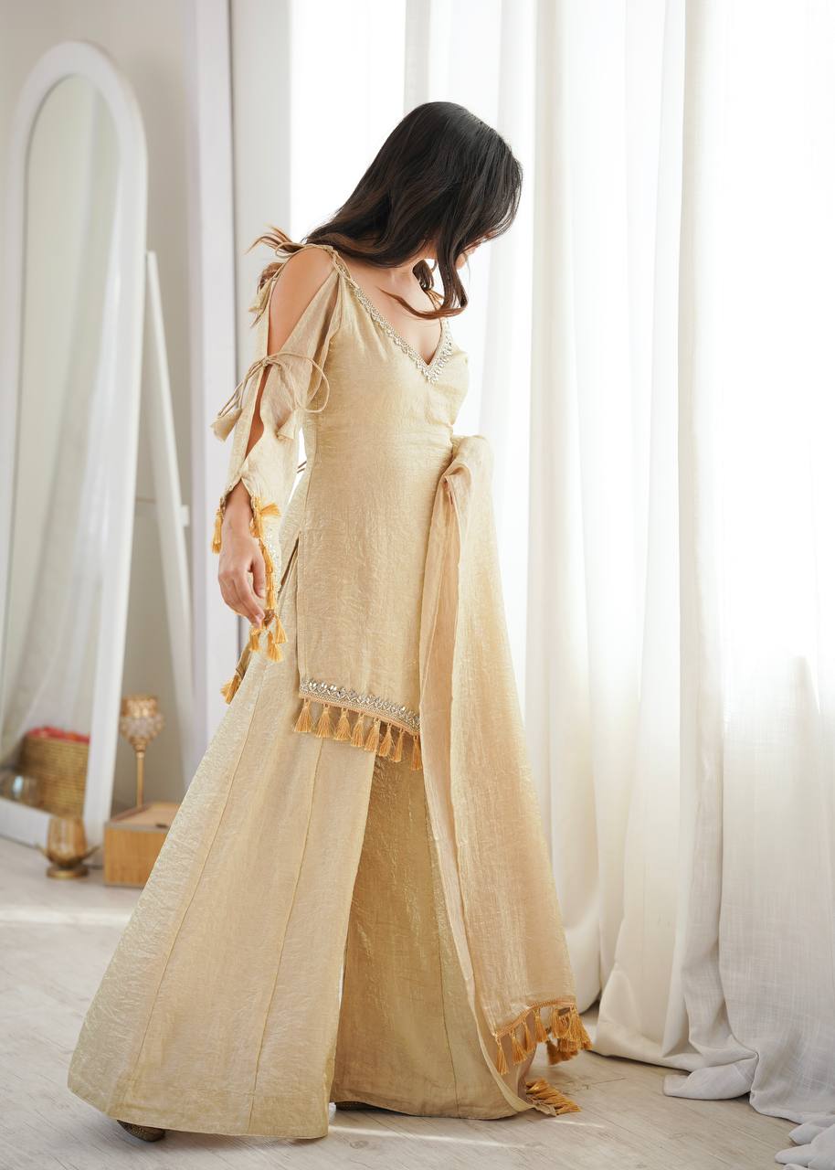 Champagne Gold Doremon Crush Kurta Palazzo Set with Tassel Dupatta