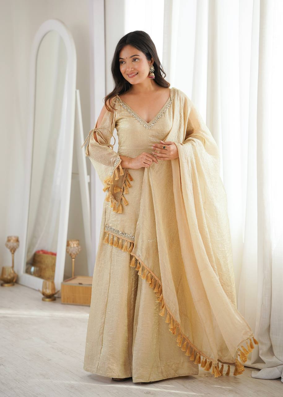 Champagne Gold Doremon Crush Kurta Palazzo Set with Tassel Dupatta