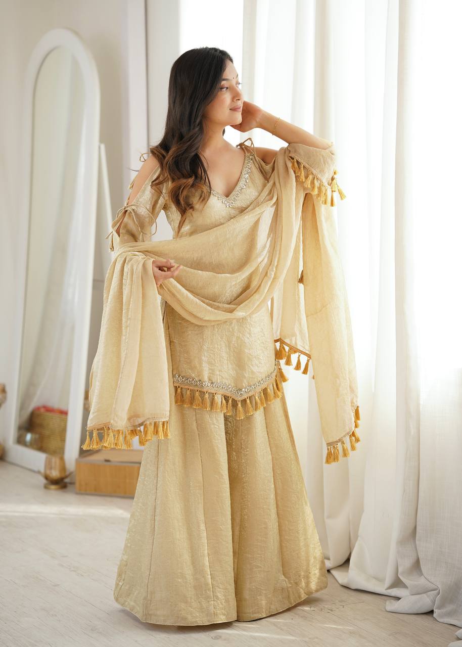 Champagne Gold Doremon Crush Kurta Palazzo Set with Tassel Dupatta
