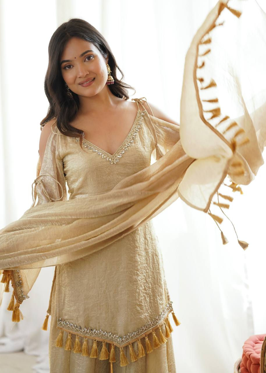 Champagne Gold Doremon Crush Kurta Palazzo Set with Tassel Dupatta