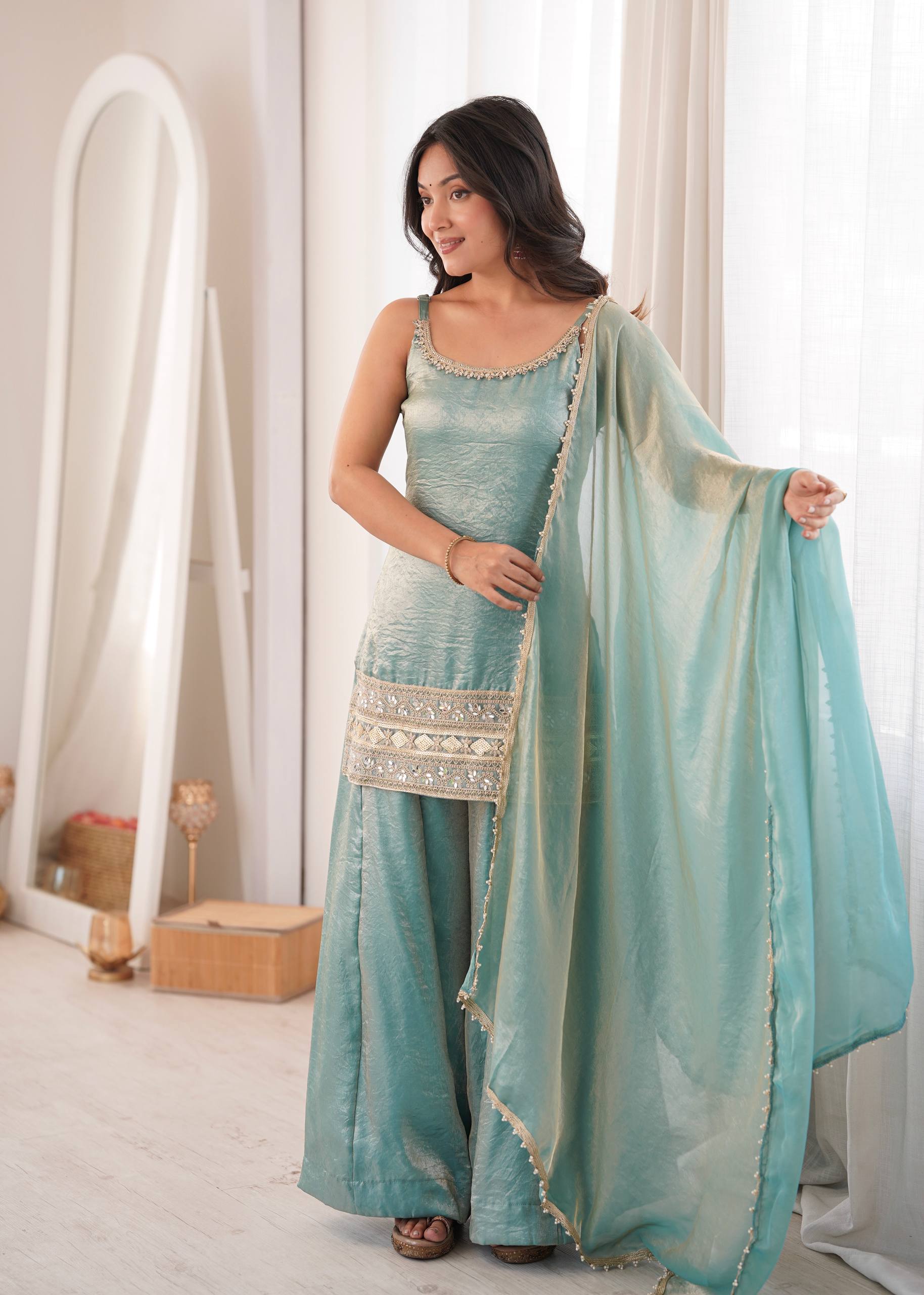 Sea Green Doremon Crush Palazzo Suit Set with Mirror & Sequins Embroidery Dupatta