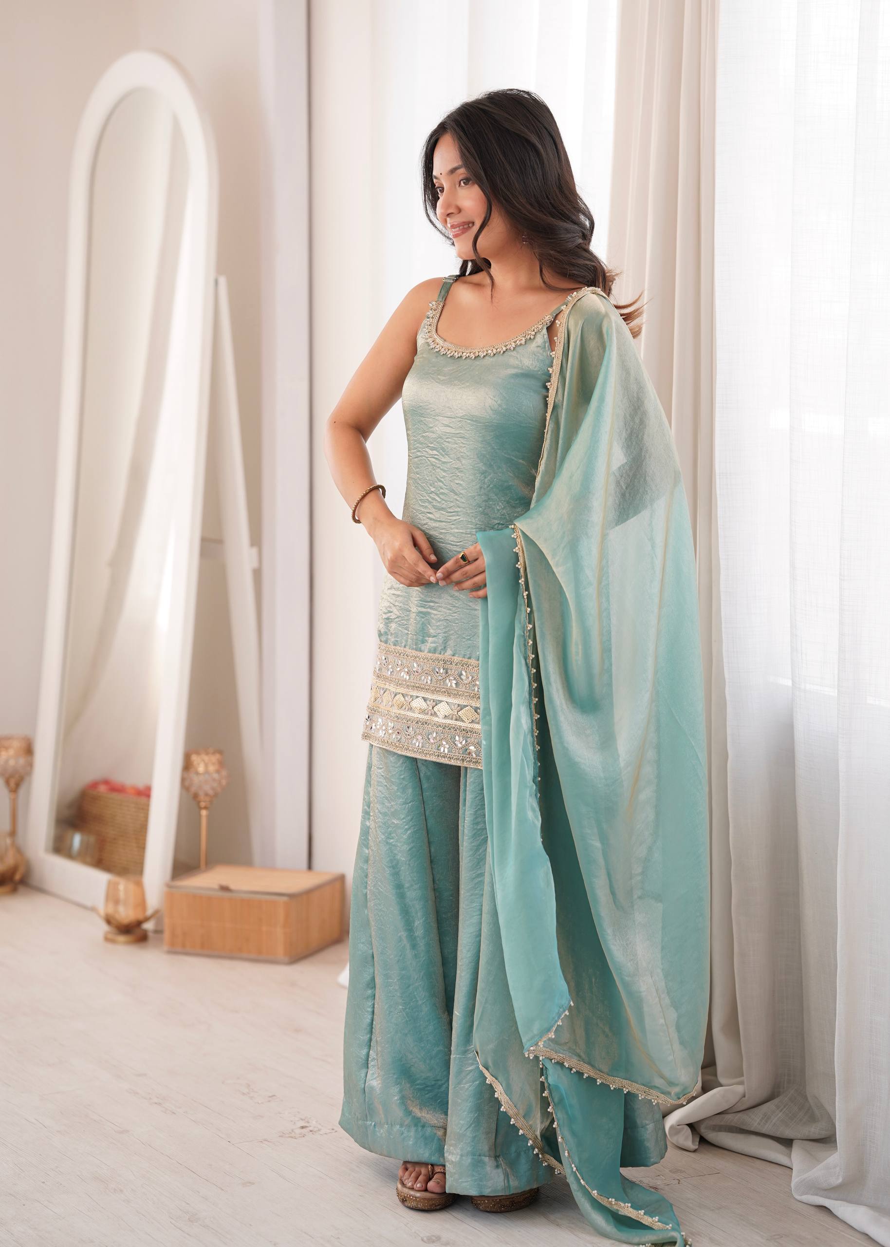 Sea Green Doremon Crush Palazzo Suit Set with Mirror & Sequins Embroidery Dupatta