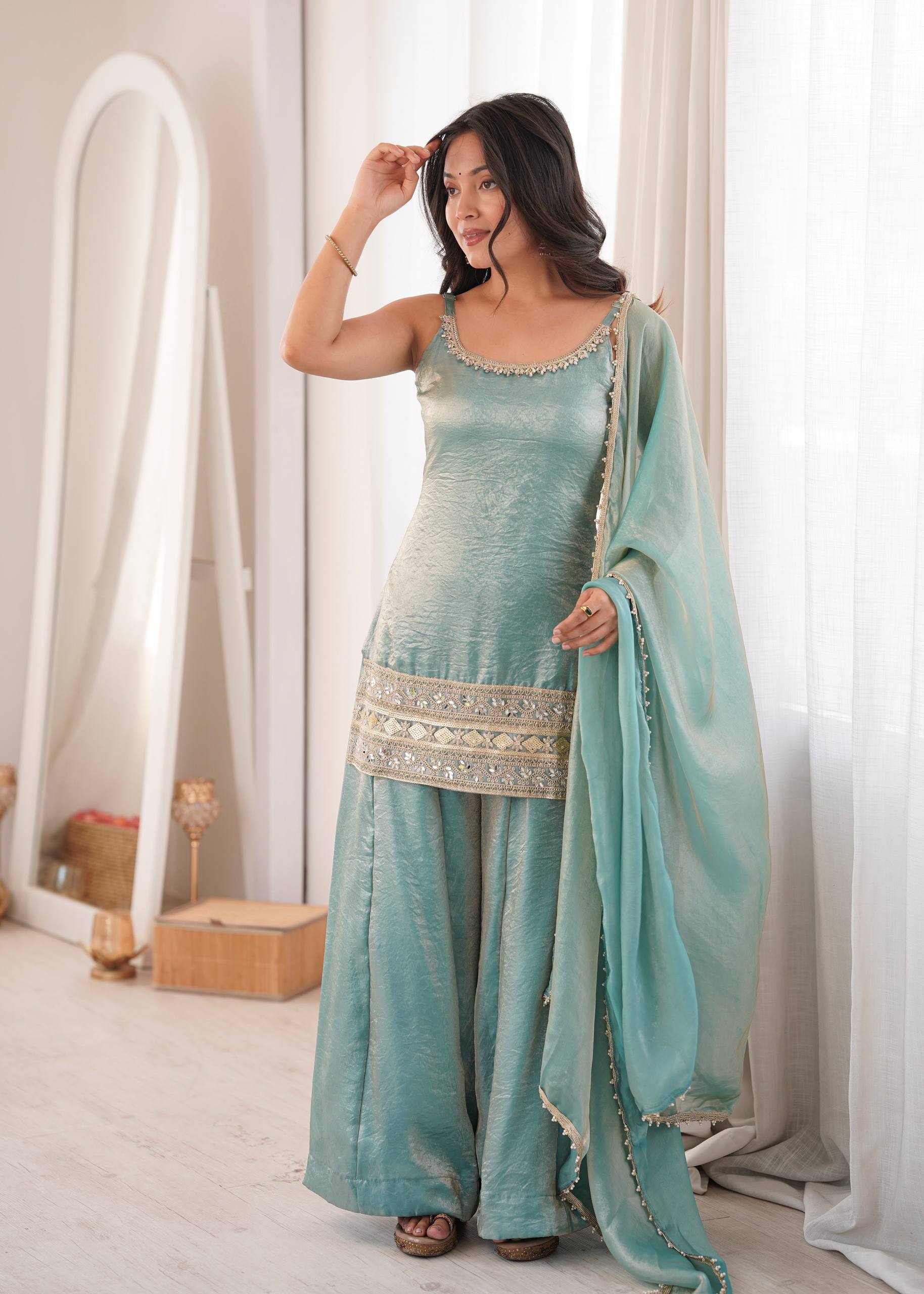 Sea Green Doremon Crush Palazzo Suit Set with Mirror & Sequins Embroidery Dupatta