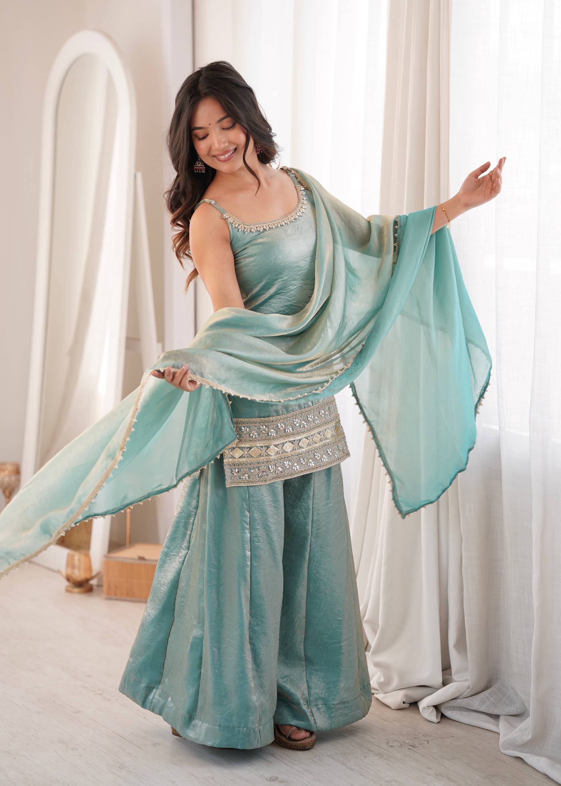 Sea Green Doremon Crush Palazzo Suit Set with Mirror & Sequins Embroidery Dupatta