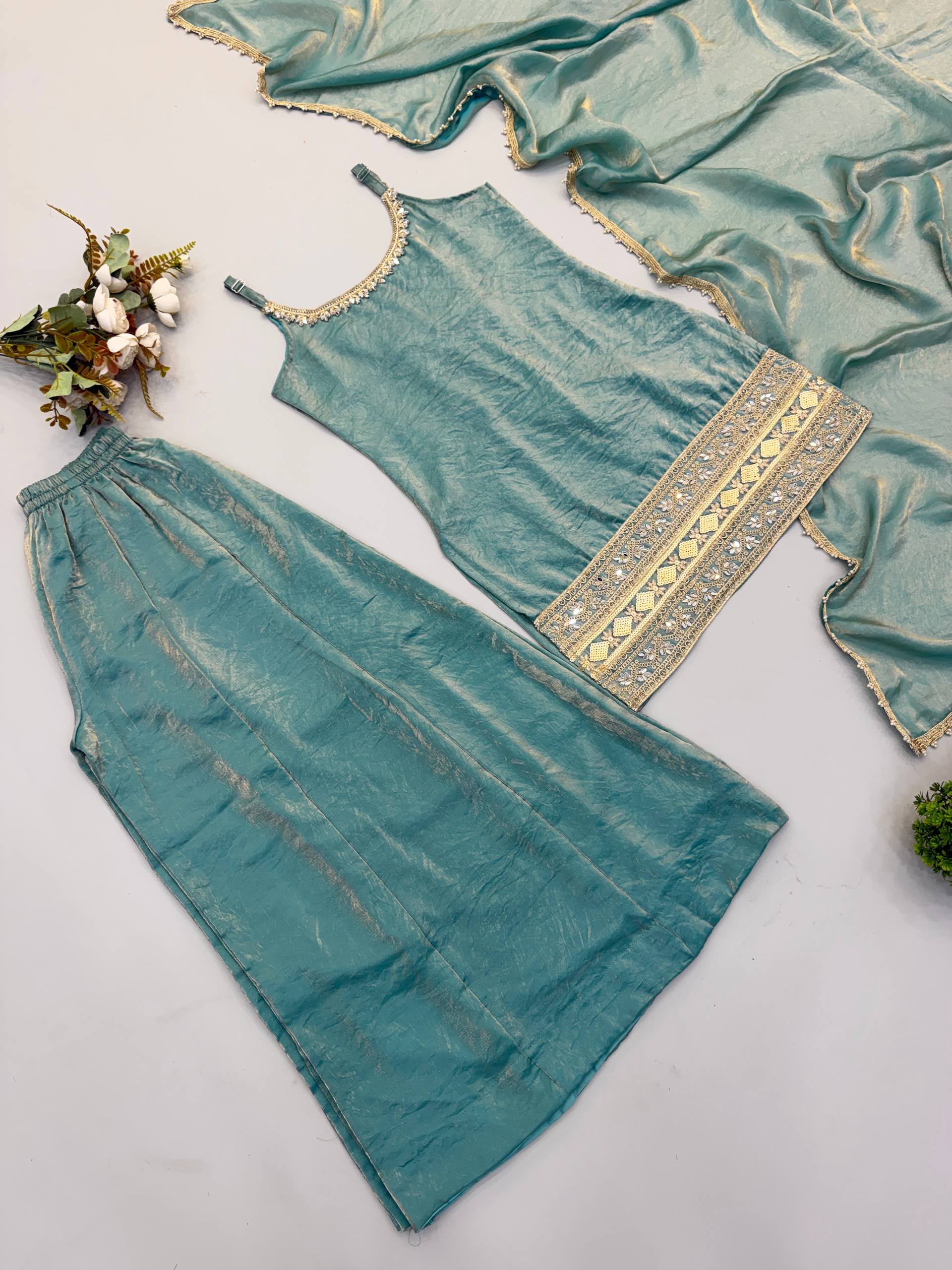 Sea Green Doremon Crush Palazzo Suit Set with Mirror & Sequins Embroidery Dupatta