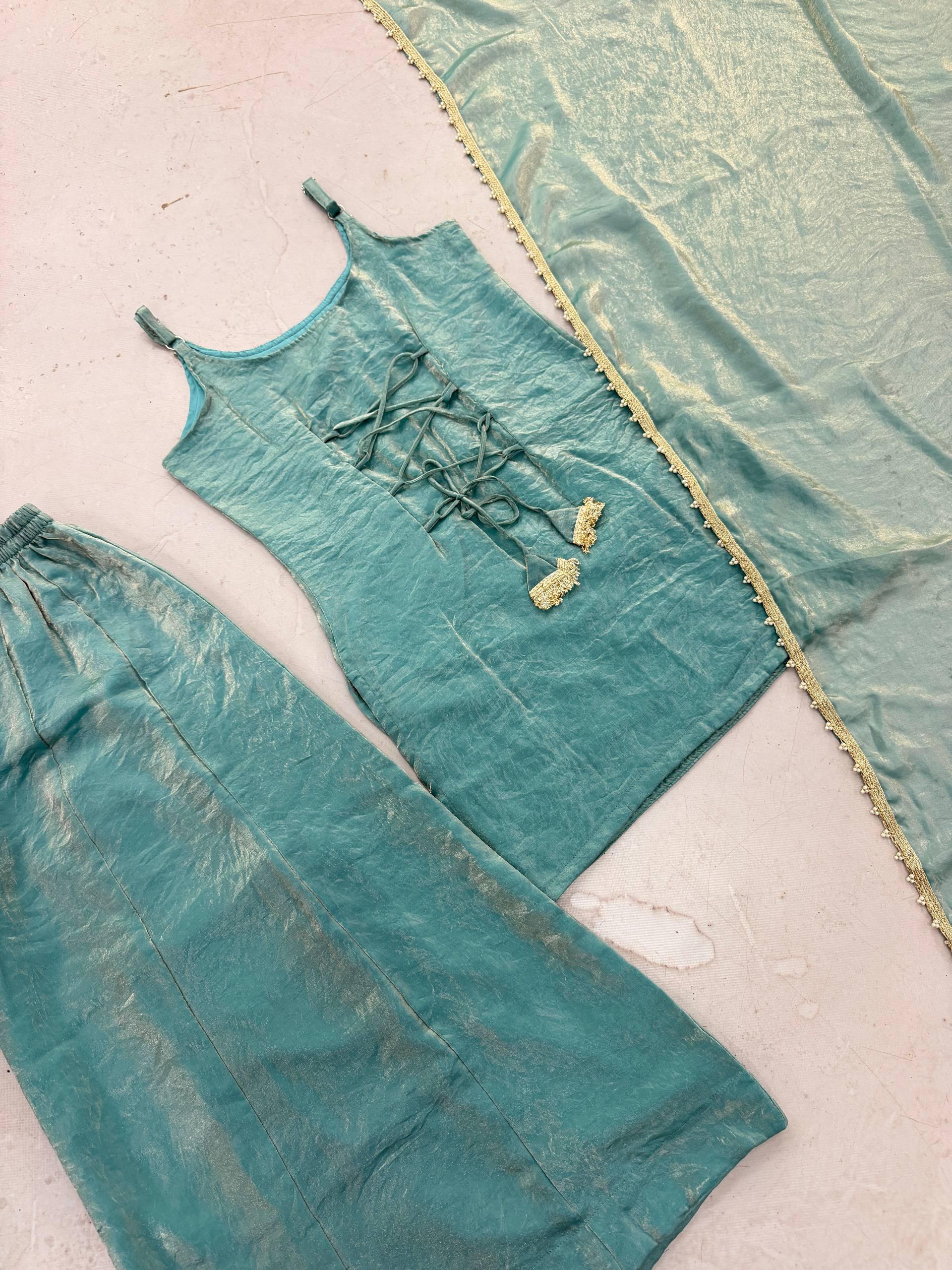Sea Green Doremon Crush Palazzo Suit Set with Mirror & Sequins Embroidery Dupatta