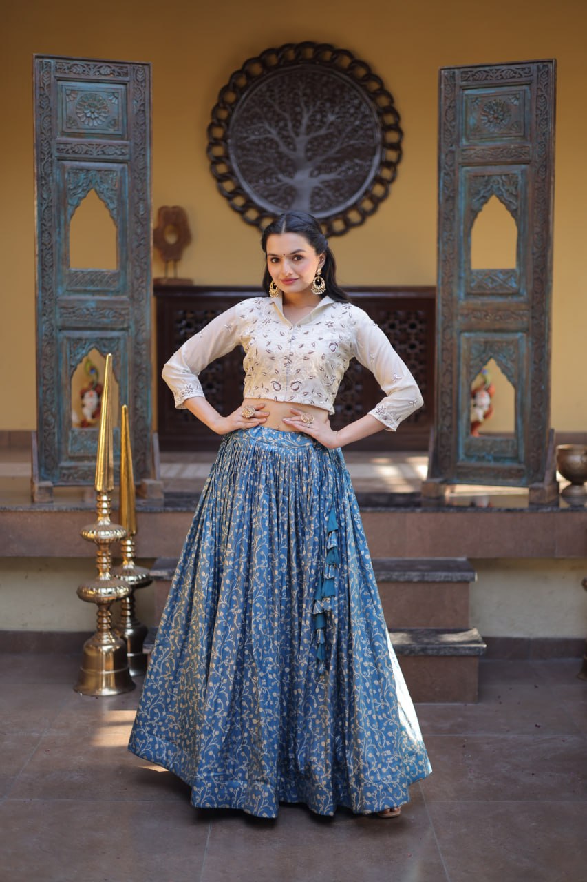 Dusty Blue Cosmos Weaving Jacquard Lehenga with Ivory Beads Embroidered Blouse