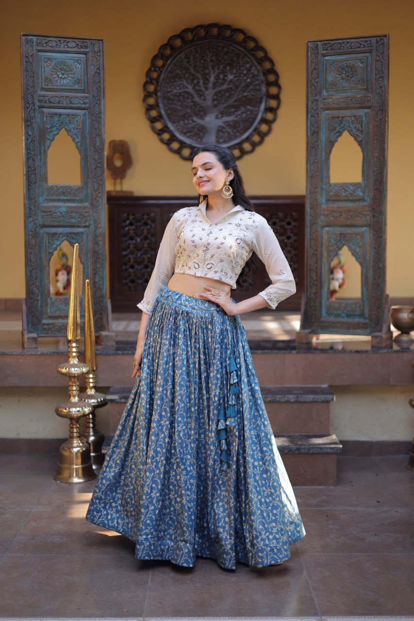 Dusty Blue Cosmos Weaving Jacquard Lehenga with Ivory Beads Embroidered Blouse