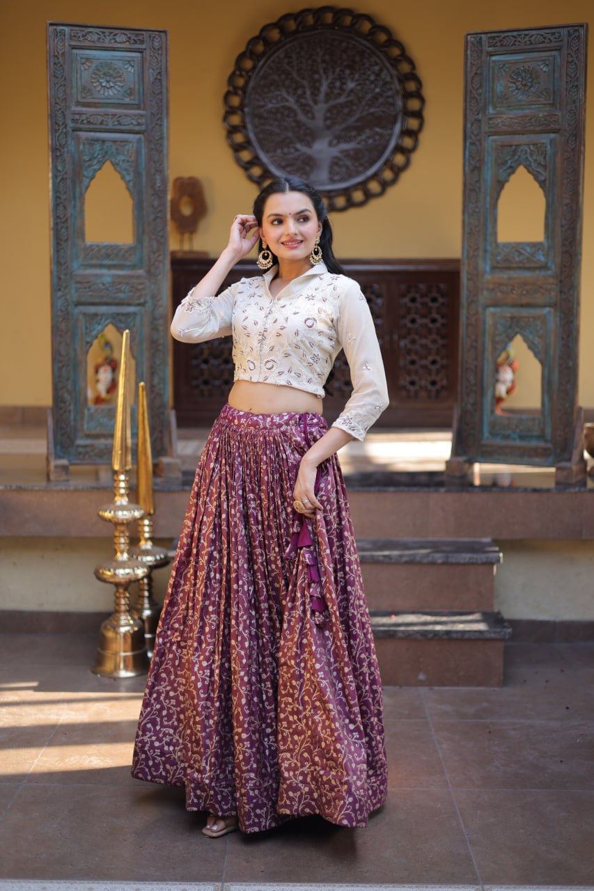 Wine Purple Cosmos Weaving Jacquard Lehenga with Ivory Beads Embroidered Blouse