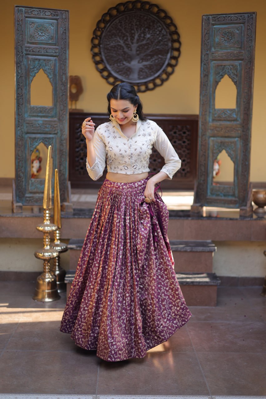 Wine Purple Cosmos Weaving Jacquard Lehenga with Ivory Beads Embroidered Blouse