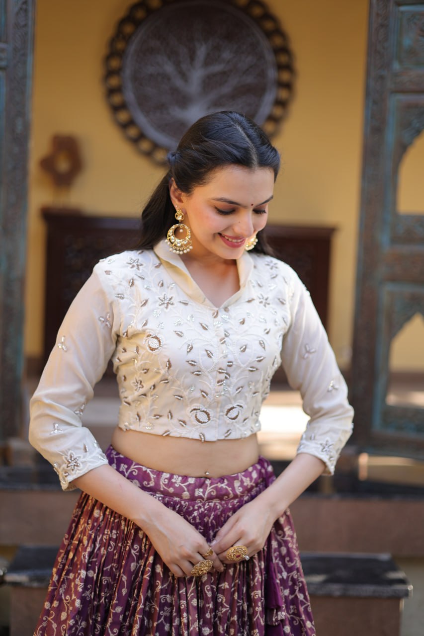 Wine Purple Cosmos Weaving Jacquard Lehenga with Ivory Beads Embroidered Blouse