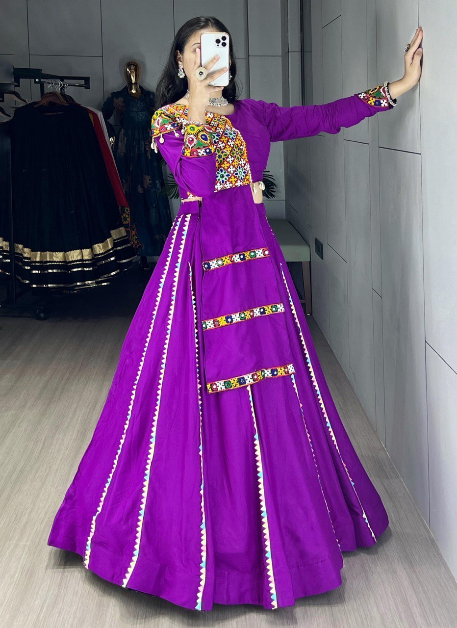 Royal Purple Pure Rayon Cotton Navratri Lehenga Choli with Gamthi Mirror Work
