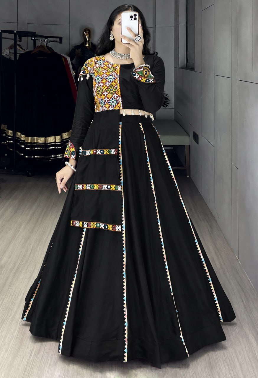 Classic Black Pure Rayon Cotton Navratri Lehenga Choli with Gamthi Mirror Work