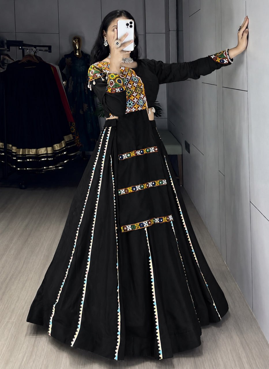 Classic Black Pure Rayon Cotton Navratri Lehenga Choli with Gamthi Mirror Work