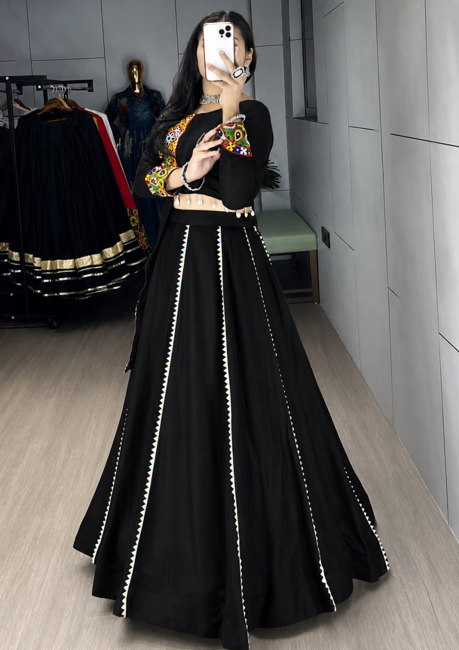 Classic Black Pure Rayon Cotton Navratri Lehenga Choli with Gamthi Mirror Work