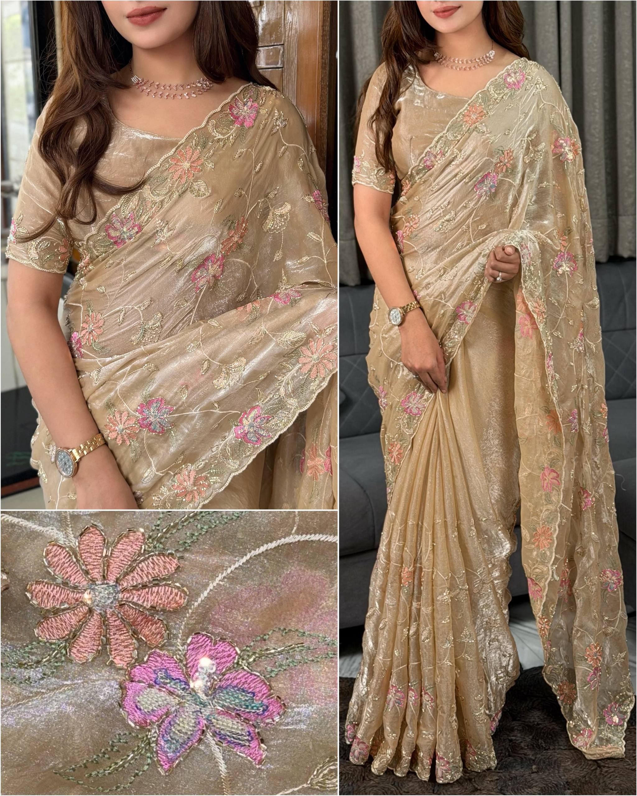 Champagne Gold Floral Embroidered Fendy Satin Party Wear Saree