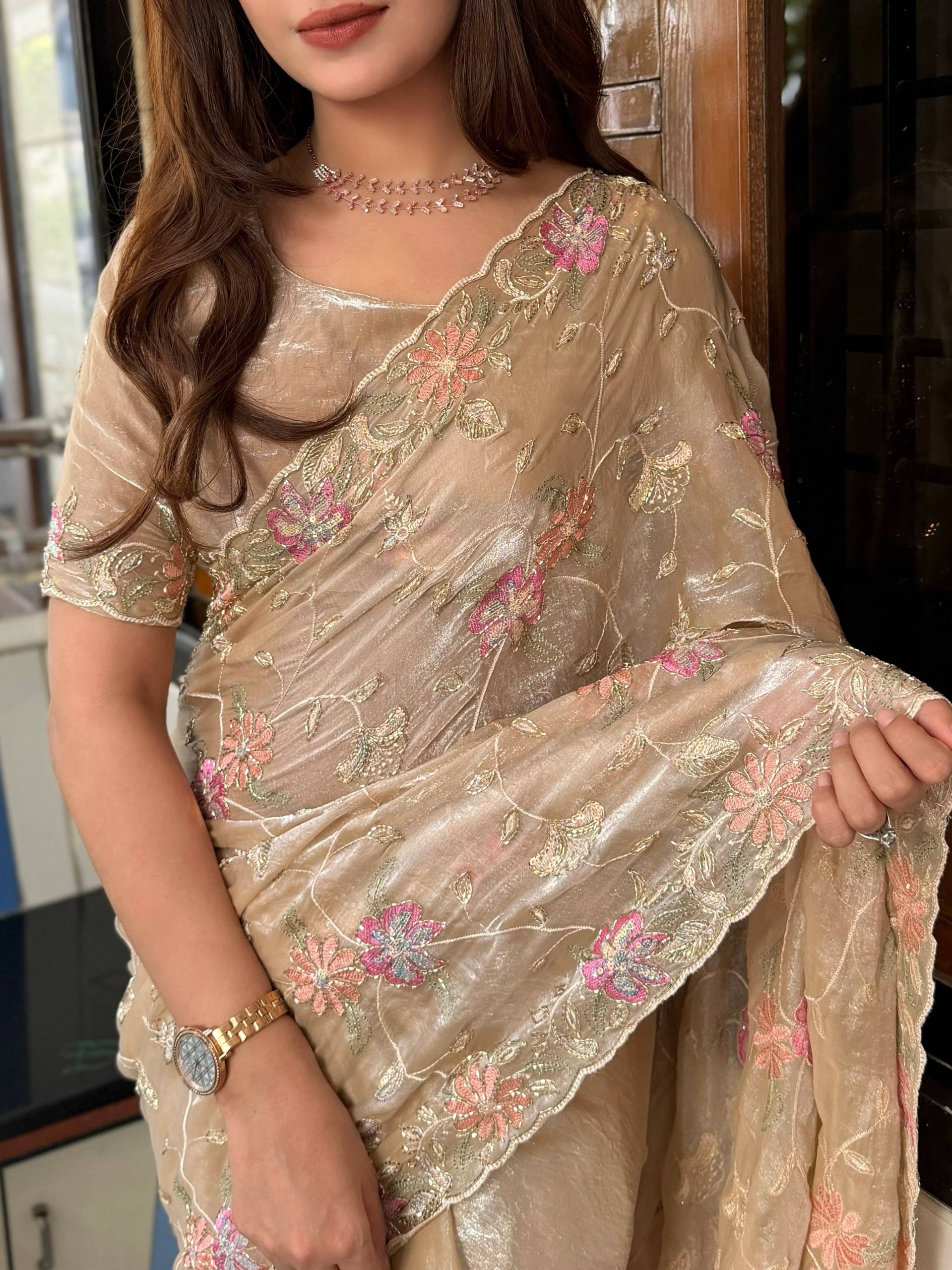 Champagne Gold Floral Embroidered Fendy Satin Party Wear Saree