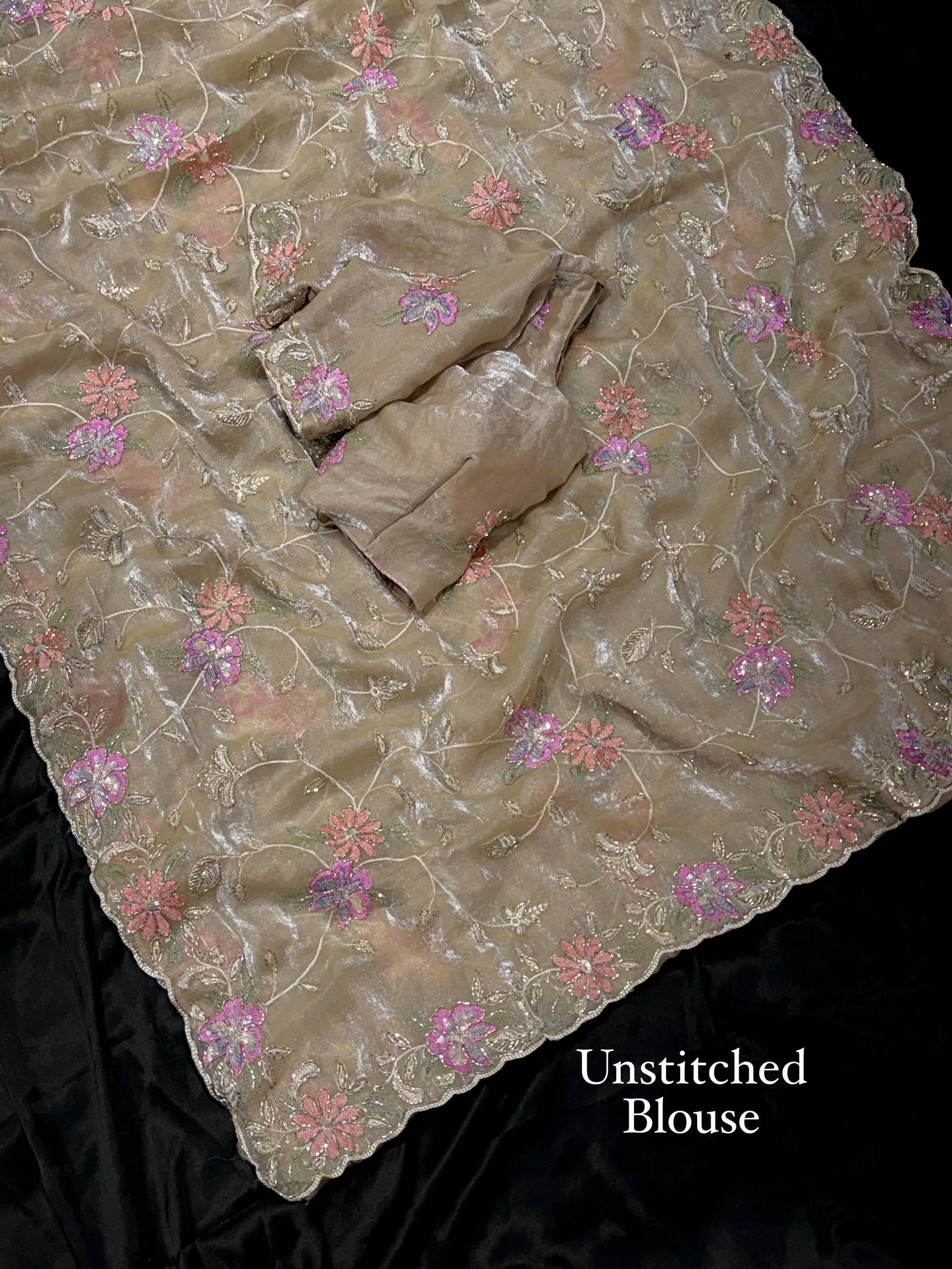 Champagne Gold Floral Embroidered Fendy Satin Party Wear Saree