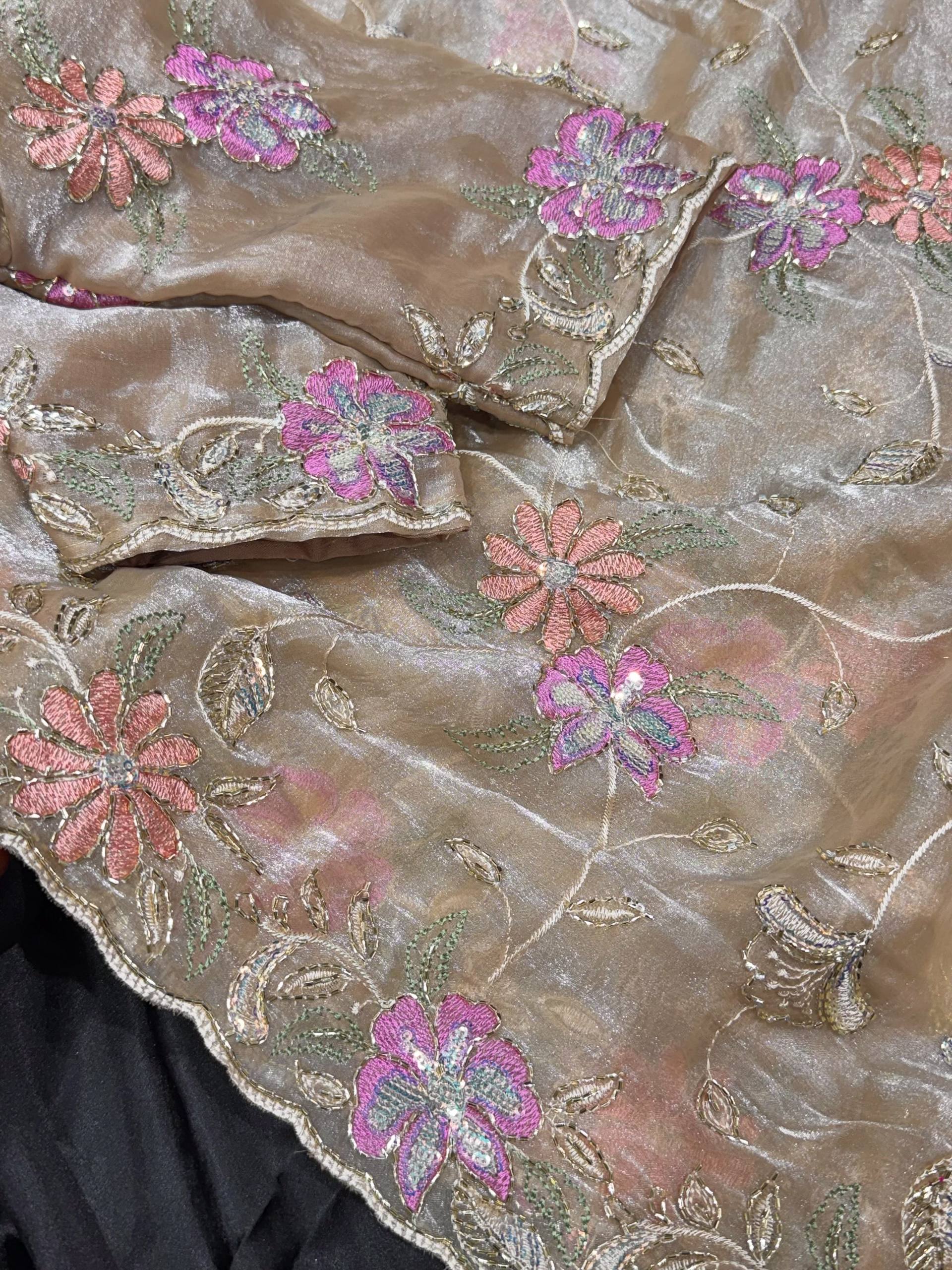 Champagne Gold Floral Embroidered Fendy Satin Party Wear Saree