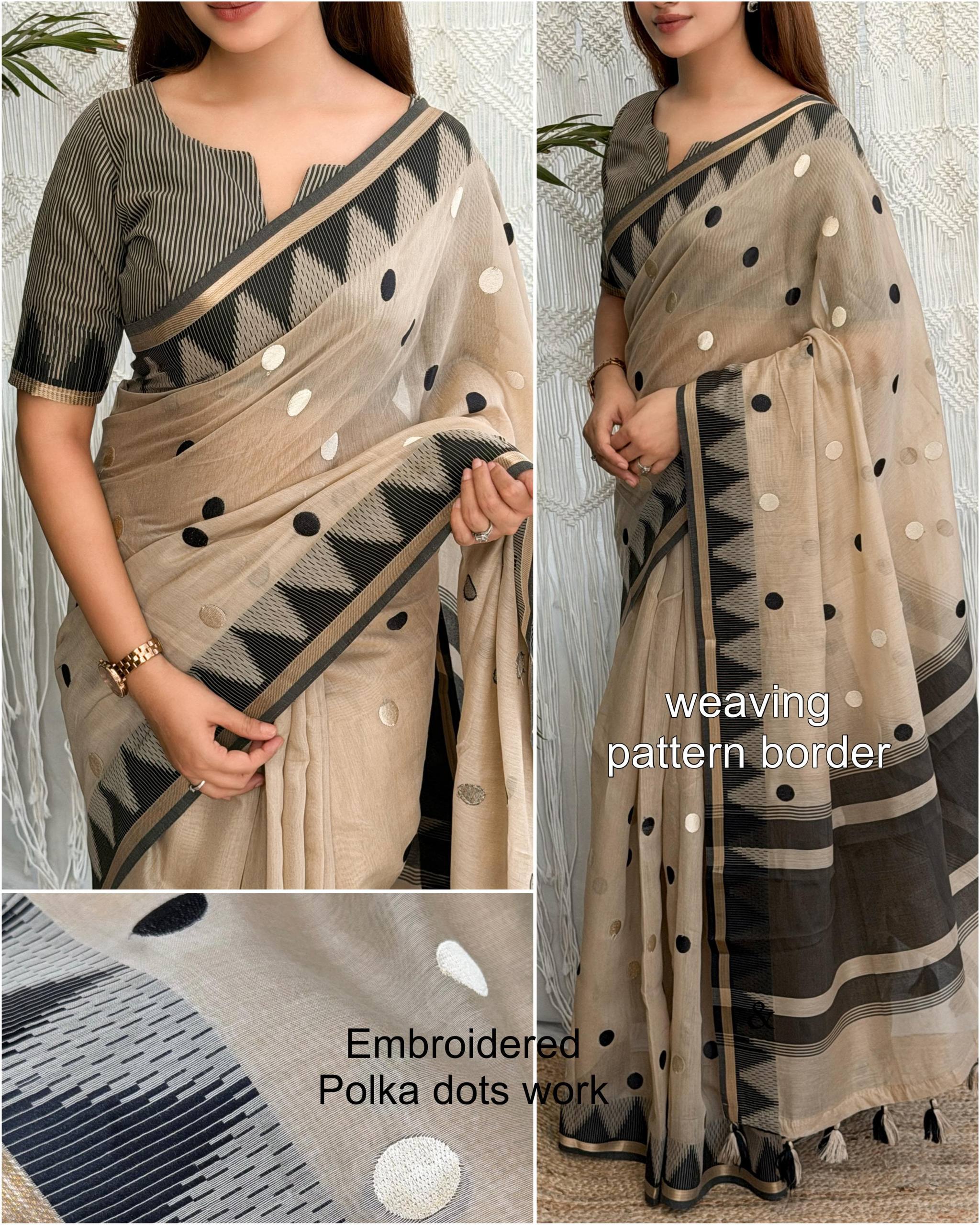 Beige & Black Modal Cotton Saree with Embroidered Polka Dots and Striped Blouse