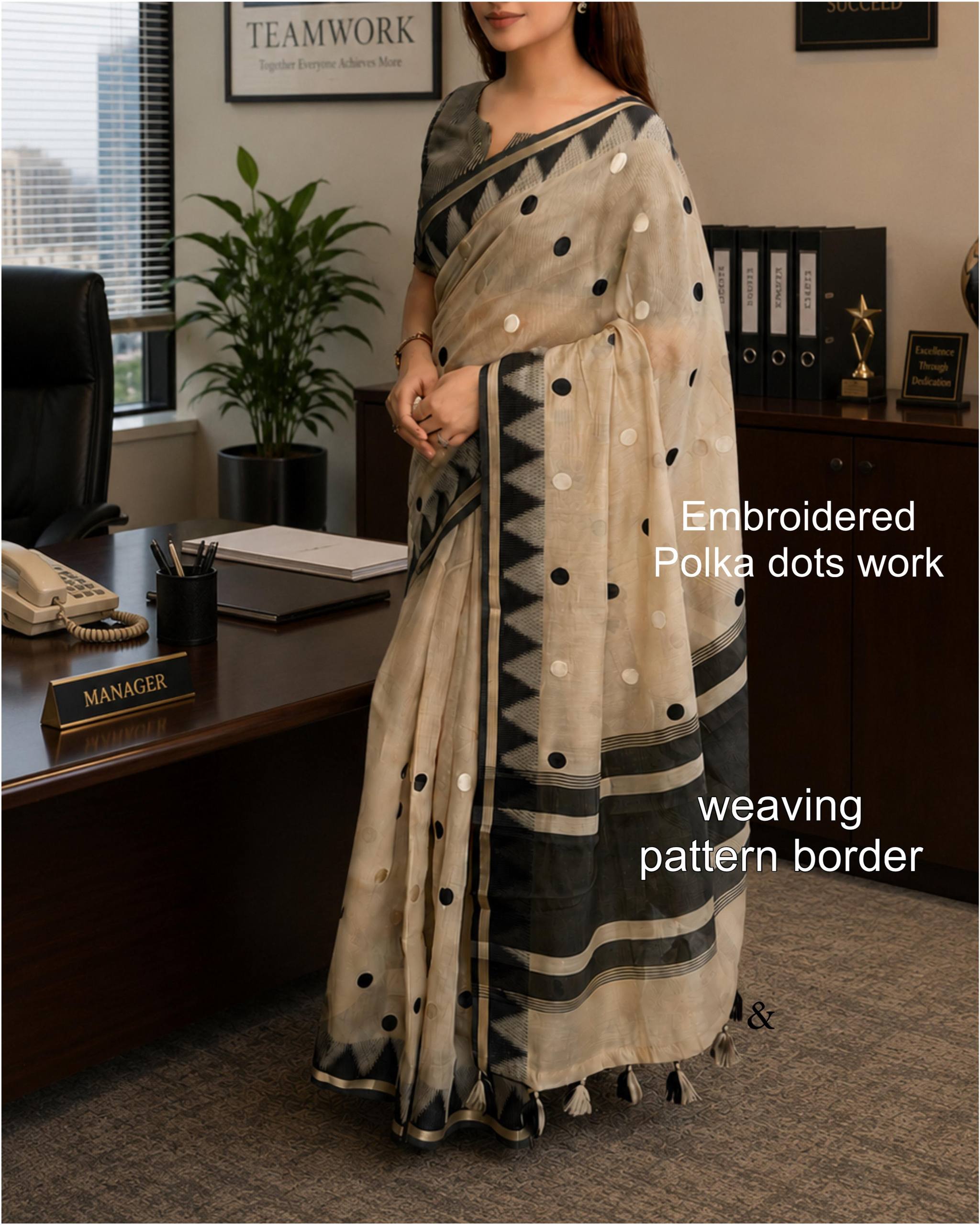 Beige & Black Modal Cotton Saree with Embroidered Polka Dots and Striped Blouse
