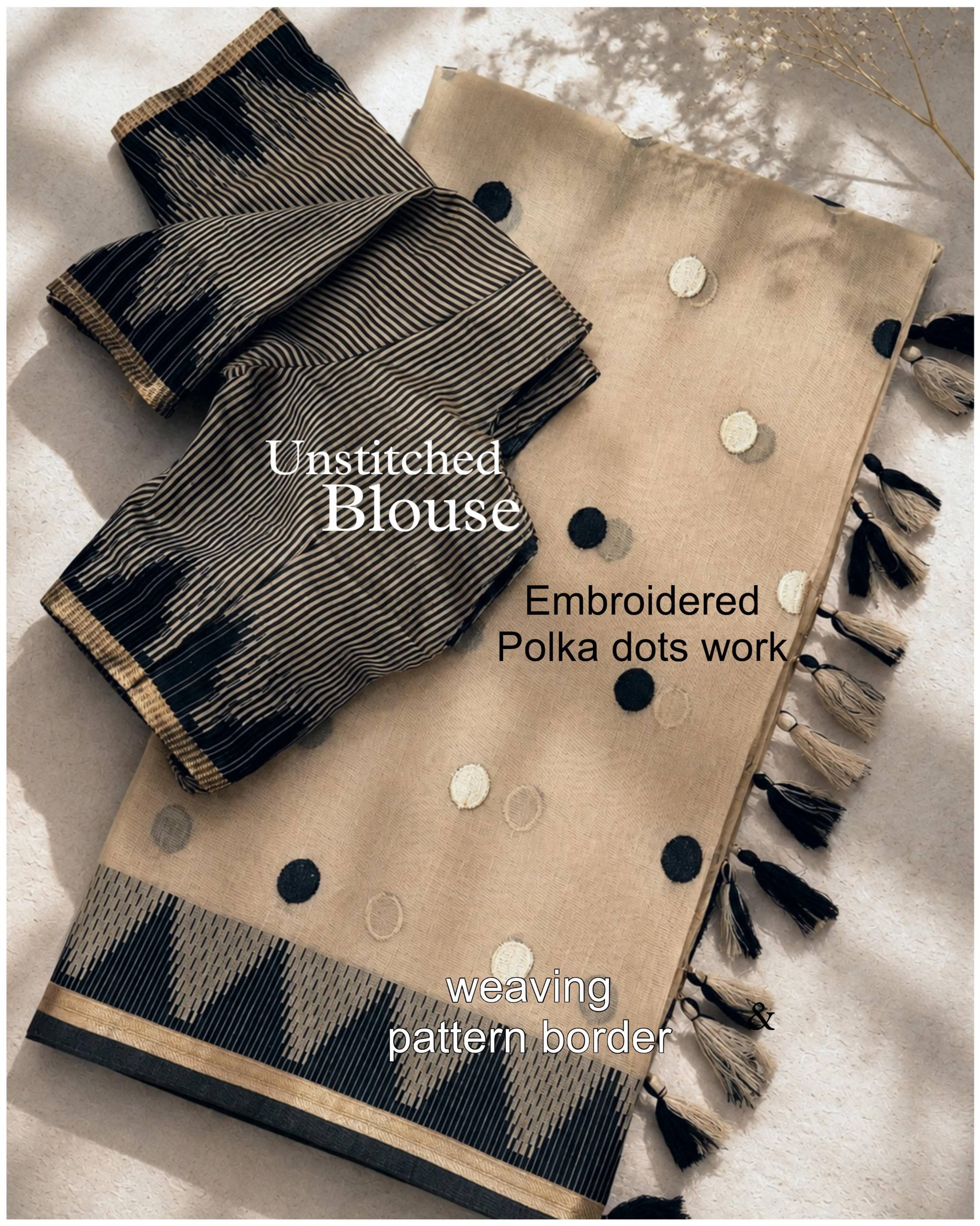 Beige & Black Modal Cotton Saree with Embroidered Polka Dots and Striped Blouse
