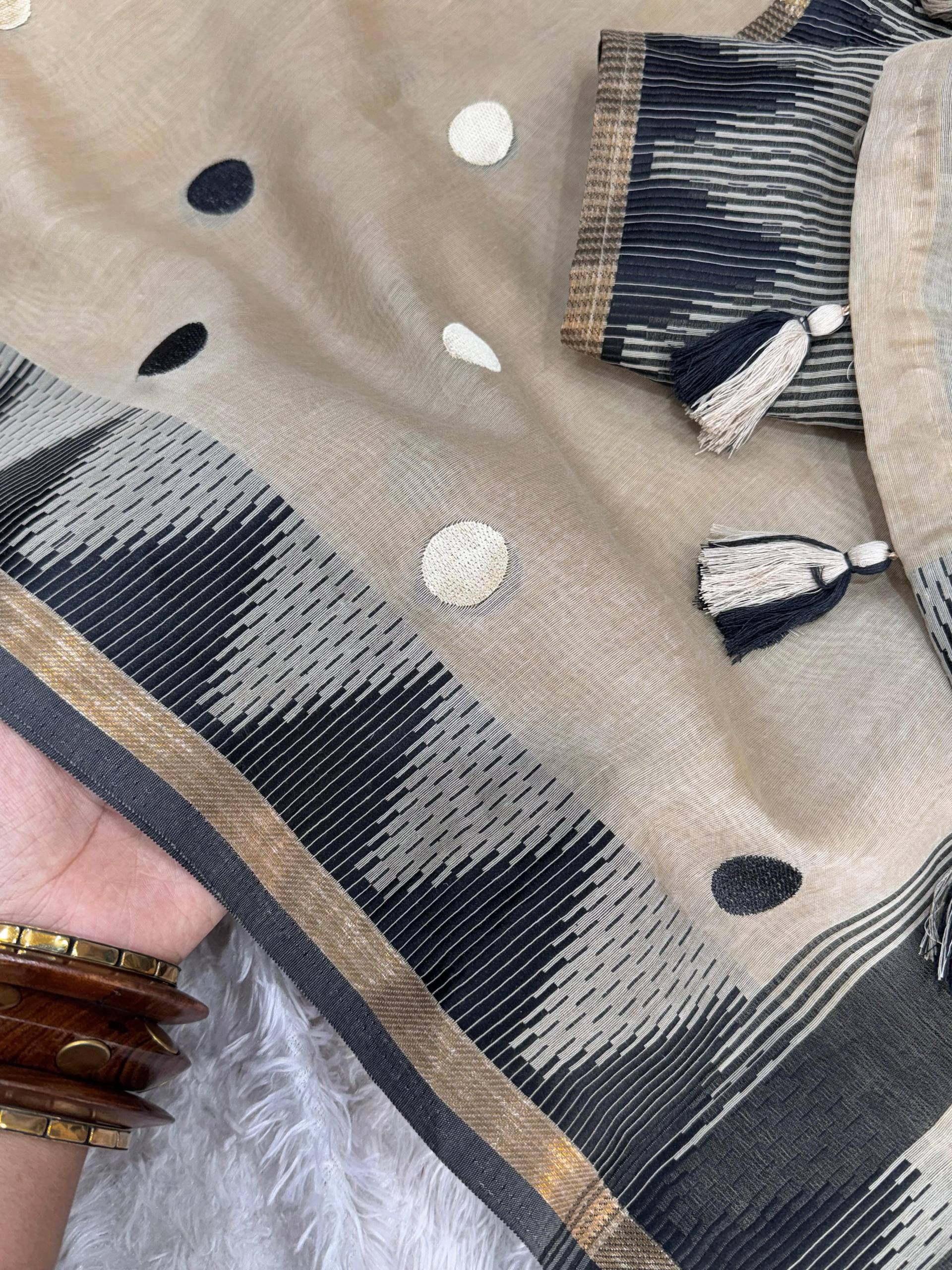 Beige & Black Modal Cotton Saree with Embroidered Polka Dots and Striped Blouse