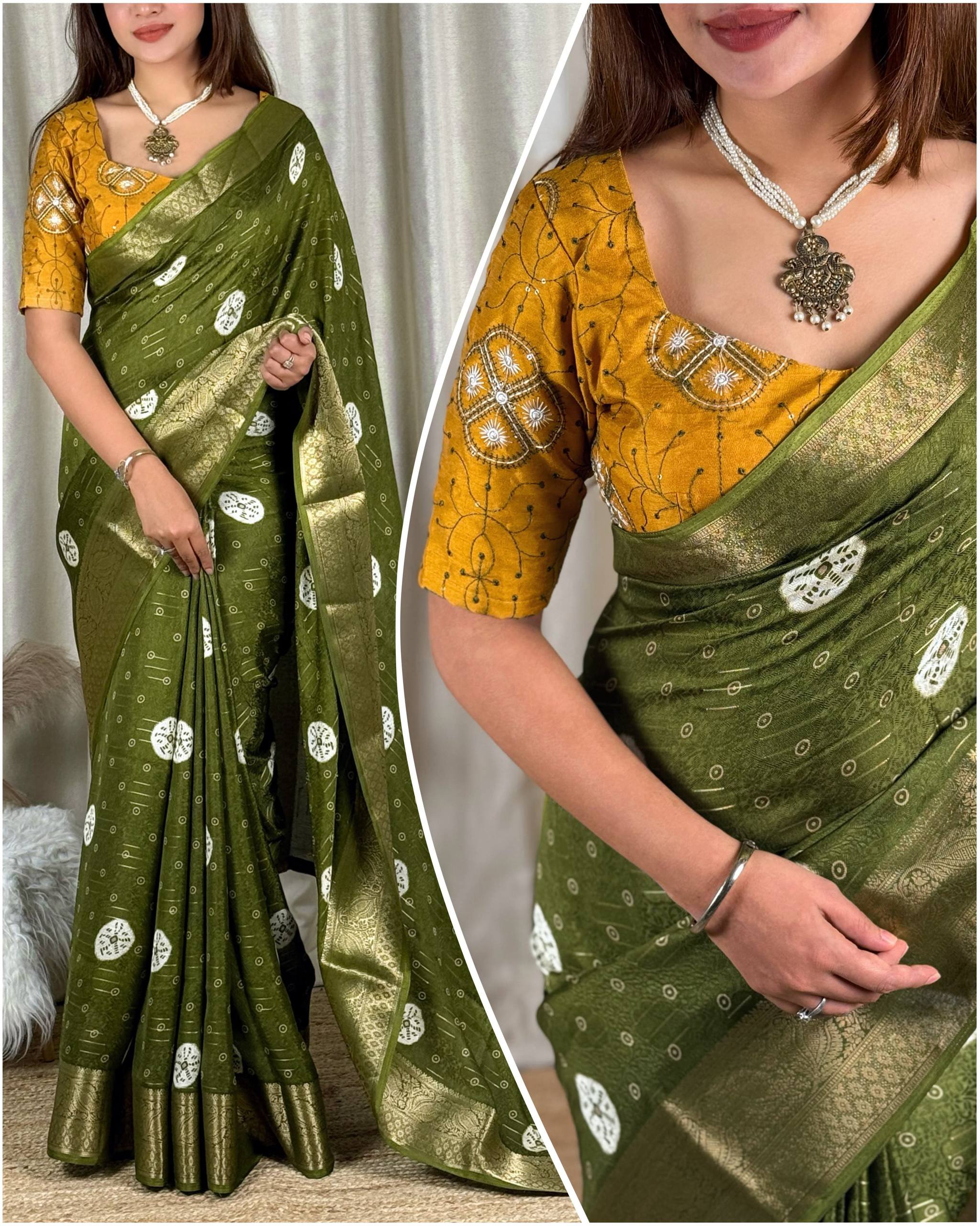 Olive Green Moss Jacquard Saree with Mustard Yellow Embroidered Blouse