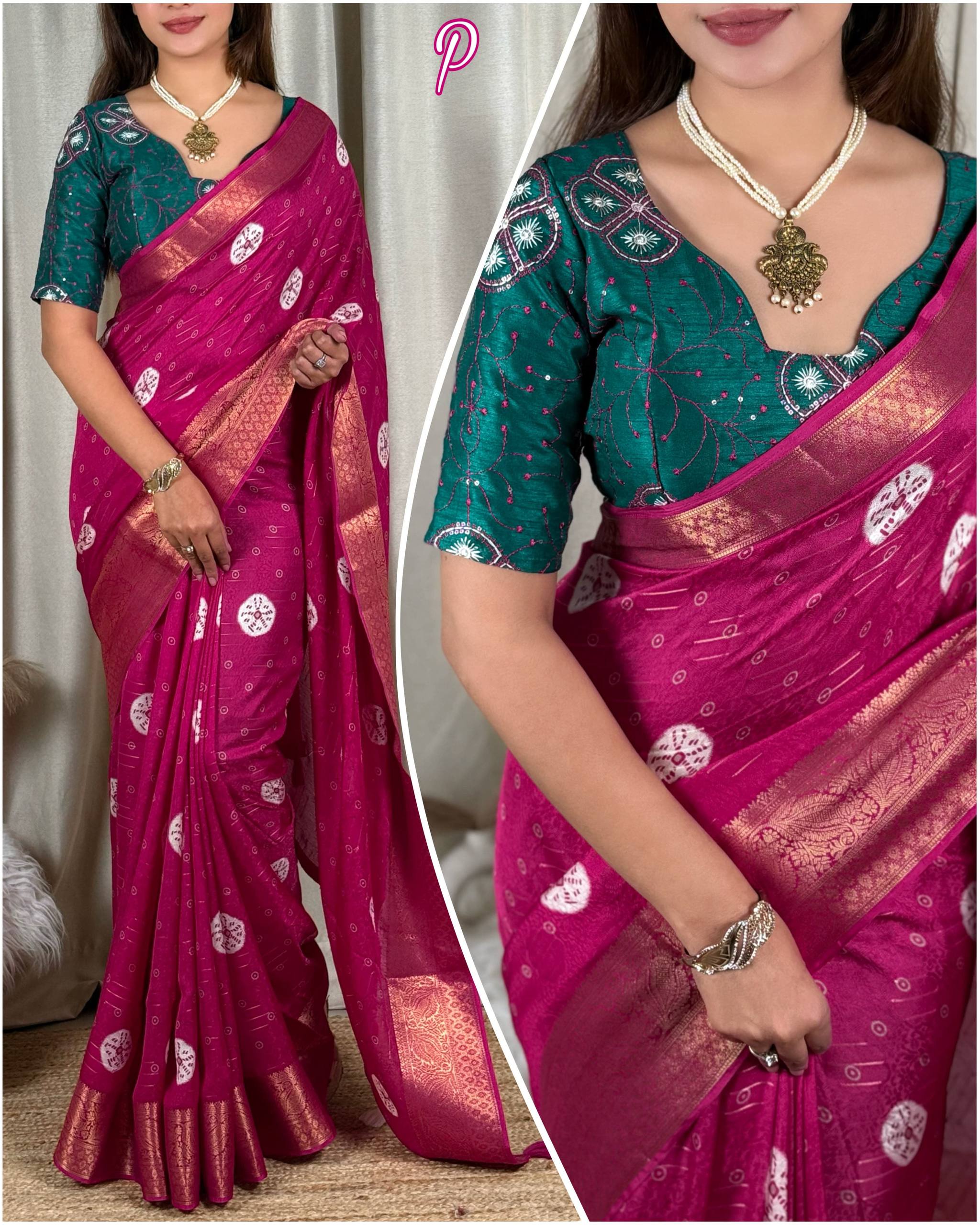 Magenta Pink Moss Jacquard Saree with Emerald Green Embroidered Blouse