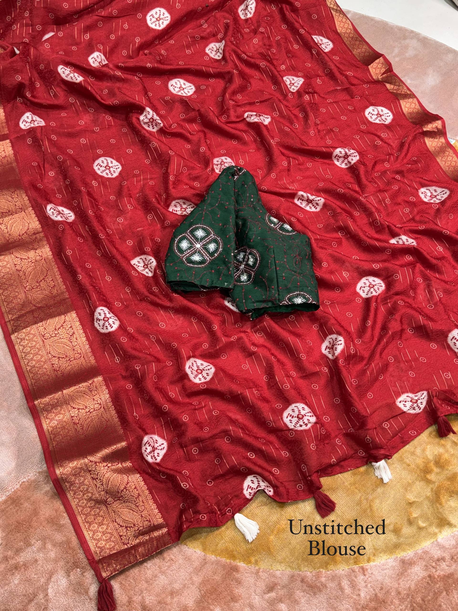 Ruby Red Moss Jacquard Saree with Bottle Green Embroidered Blouse