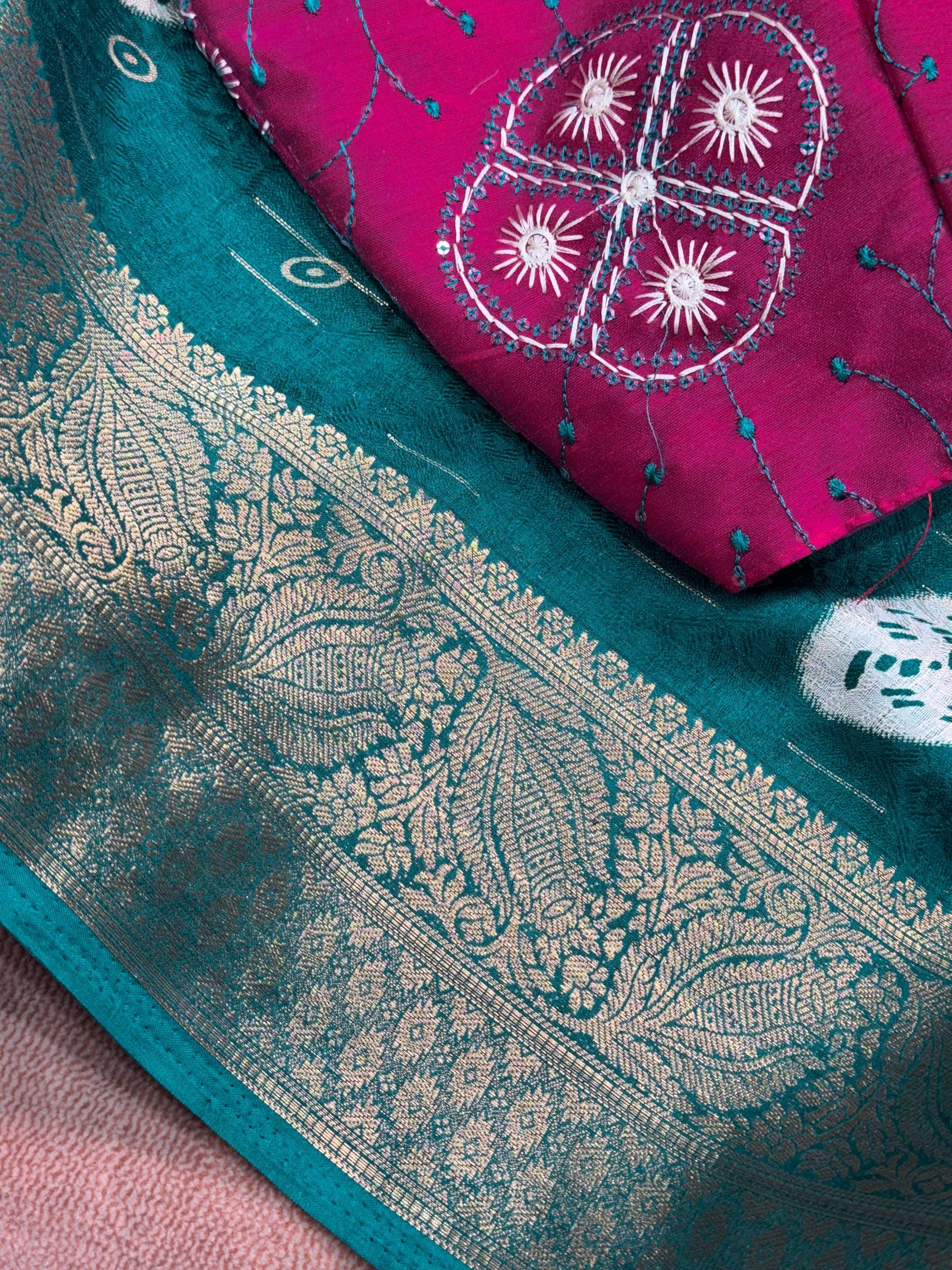 Peacock Teal Moss Jacquard Saree with Rani Pink Embroidered Blouse