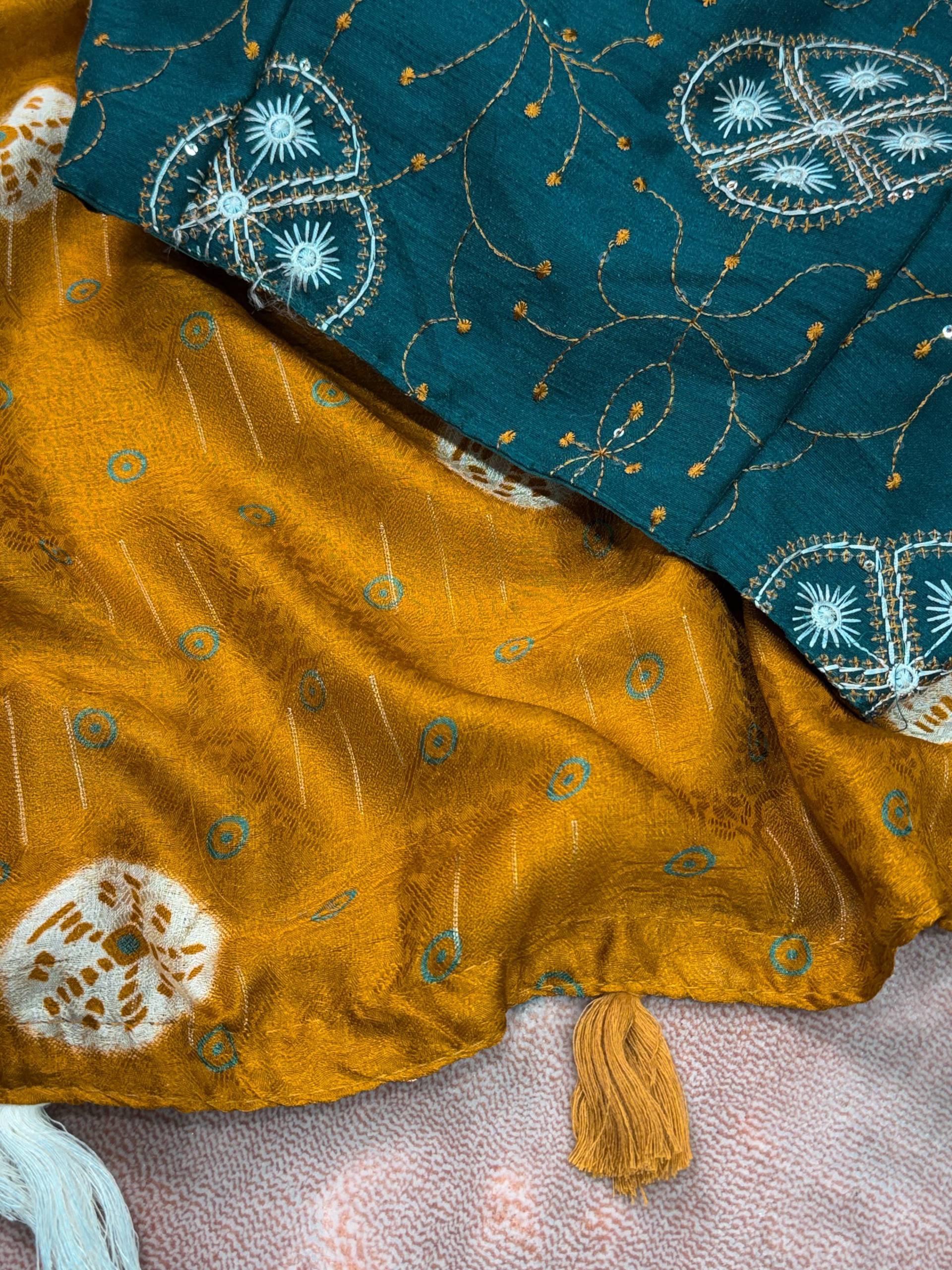 Mustard Gold Moss Jacquard Saree with Teal Blue Embroidered Blouse