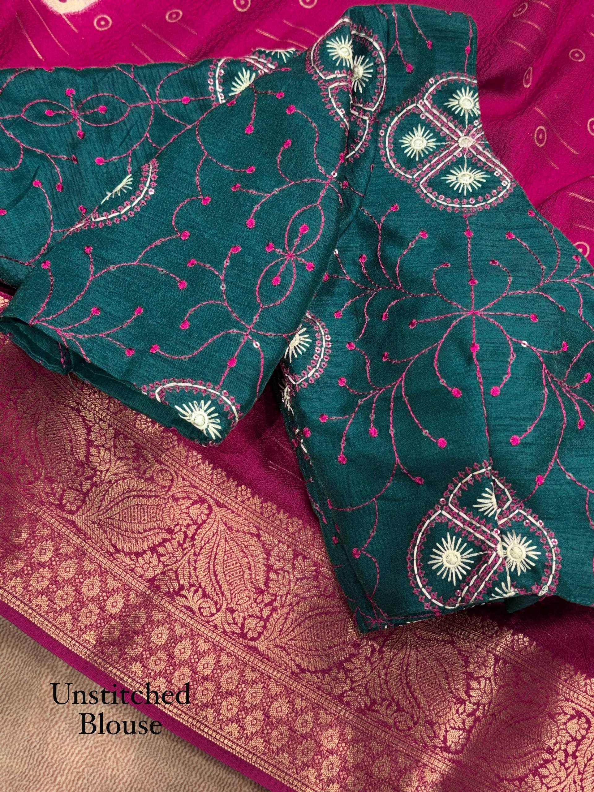 Magenta Pink Moss Jacquard Saree with Emerald Green Embroidered Blouse