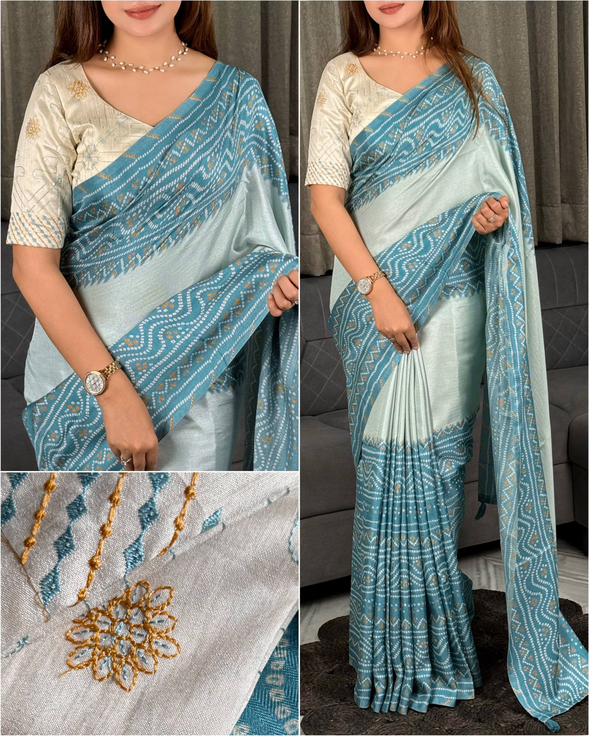 Powder Blue Kota Linen Saree with Embroidered Banglori Satin Blouse
