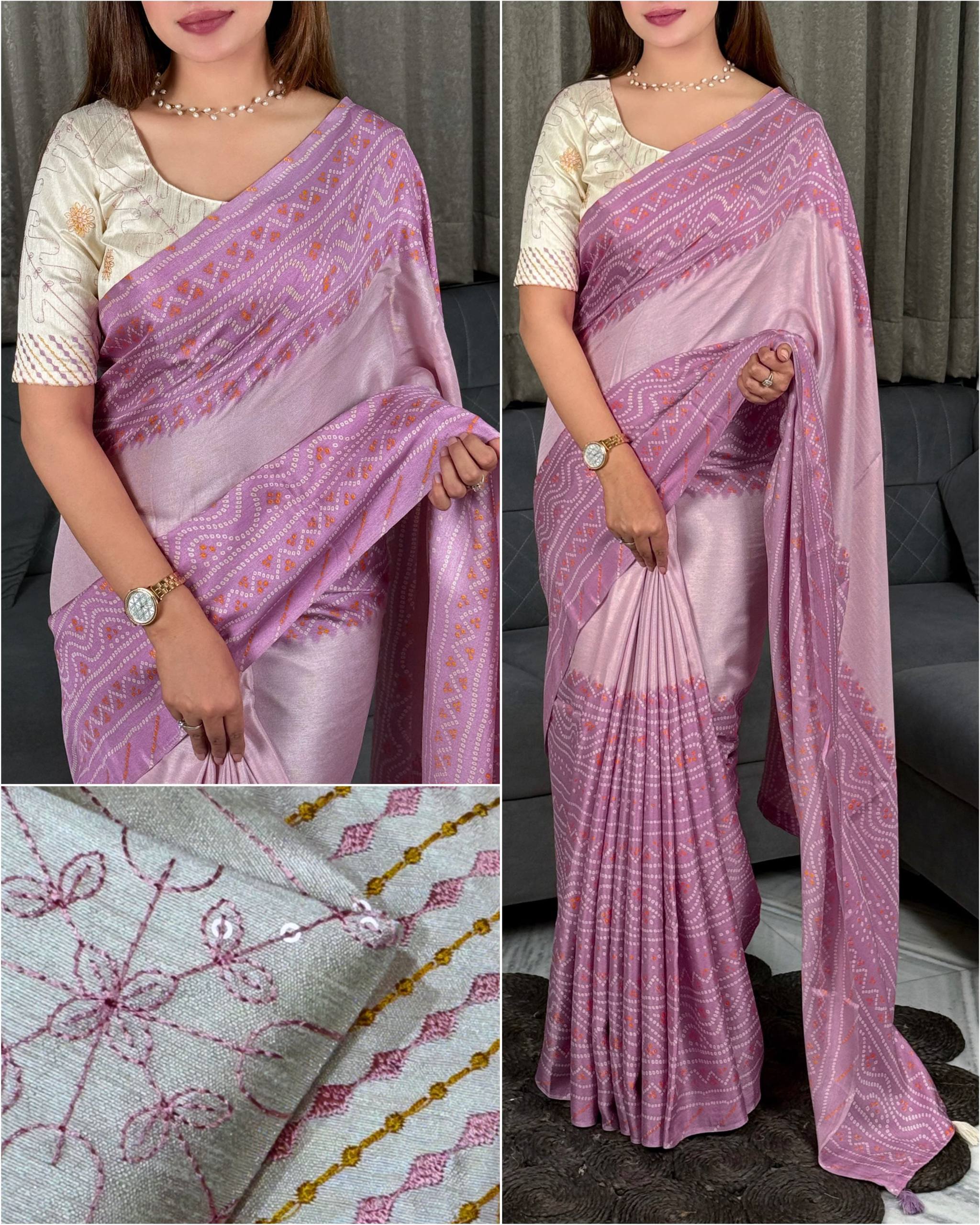 Lavender Pink Kota Linen Saree with Embroidered Banglori Satin Blouse