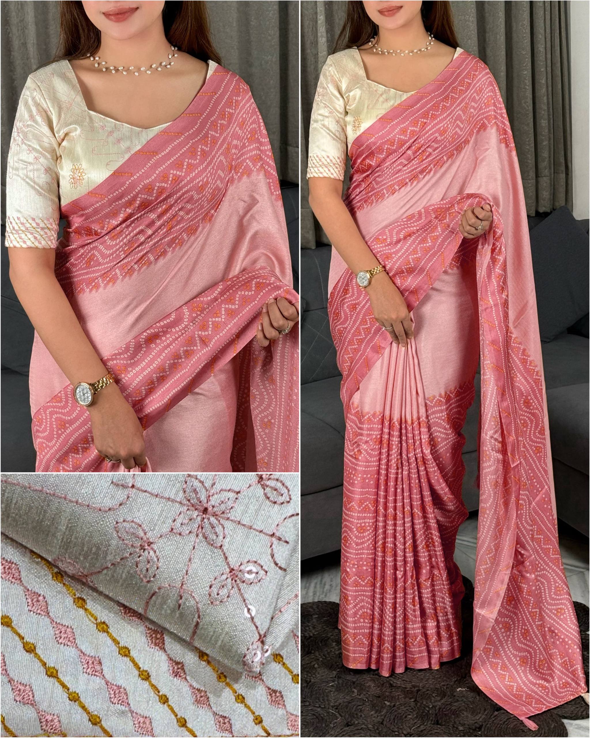Blush Pink Kota Linen Saree with Embroidered Banglori Satin Blouse