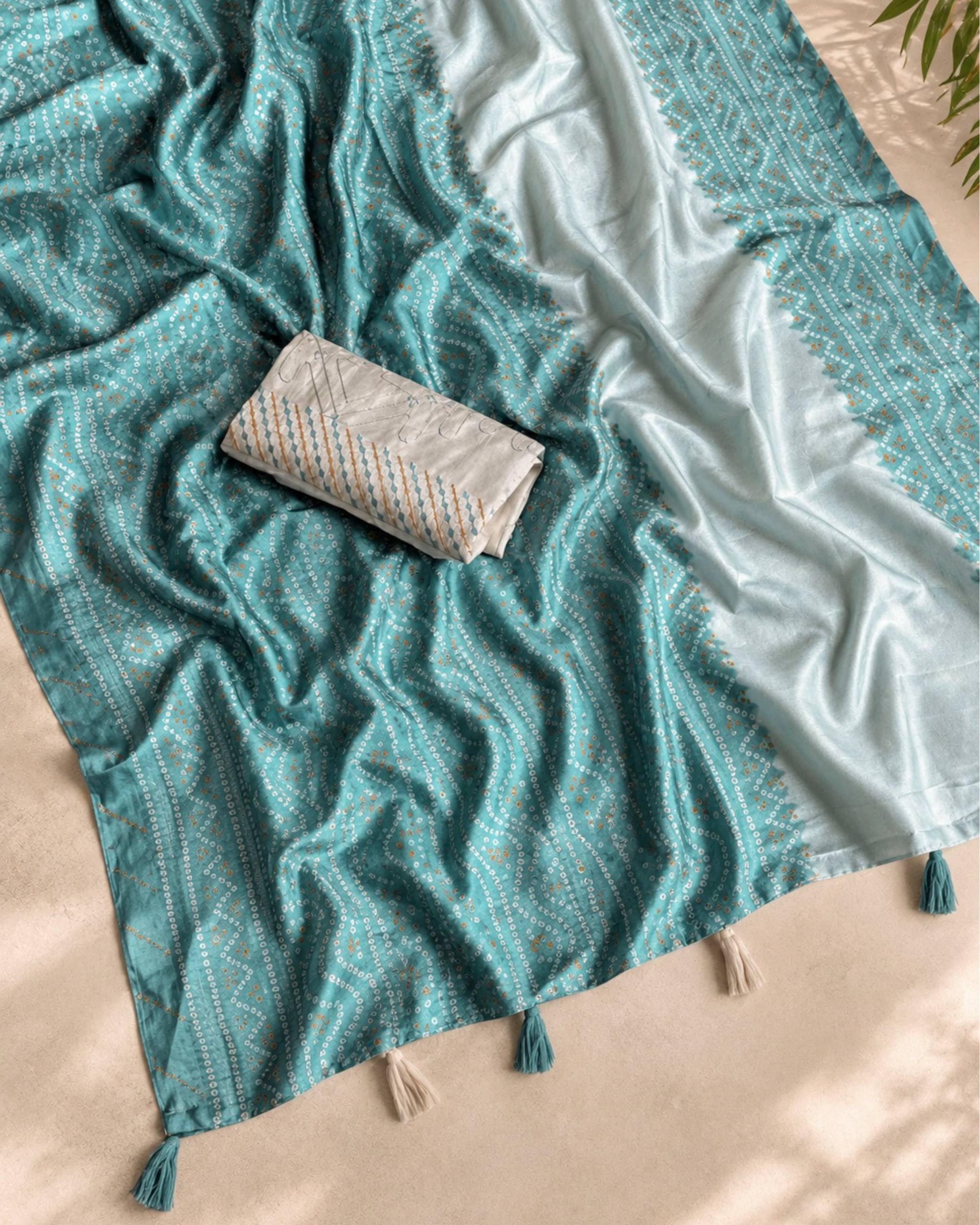 Powder Blue Kota Linen Saree with Embroidered Banglori Satin Blouse