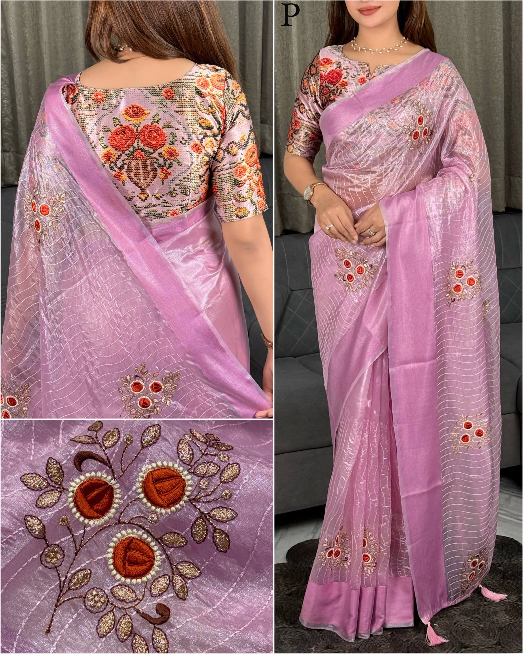 Lilac Tissue Silk Saree with Contrast Printed Blouse & Sequin Embroidery