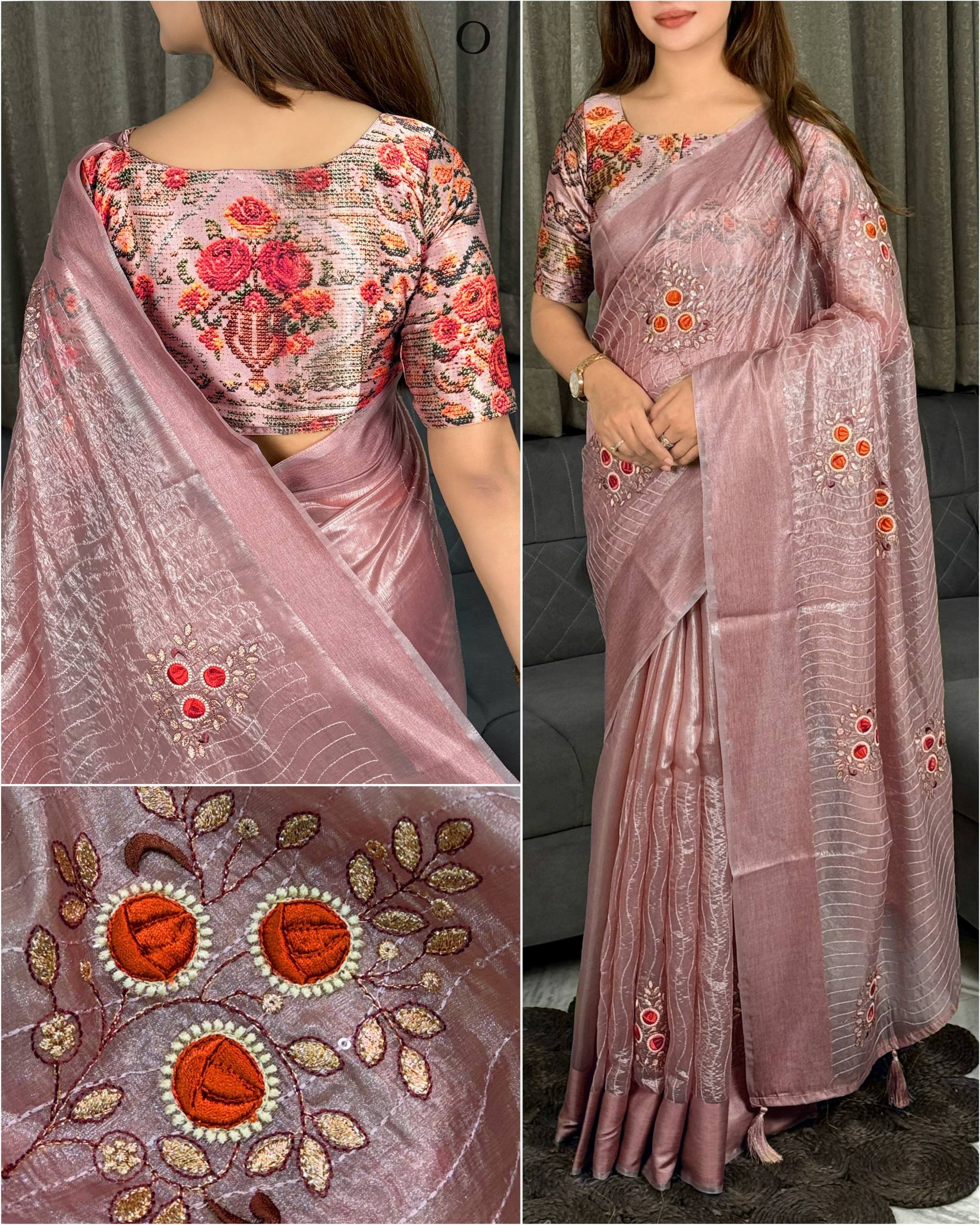 Dusty Rose Tissue Silk Saree with Contrast Printed Blouse & Sequin Embroidery