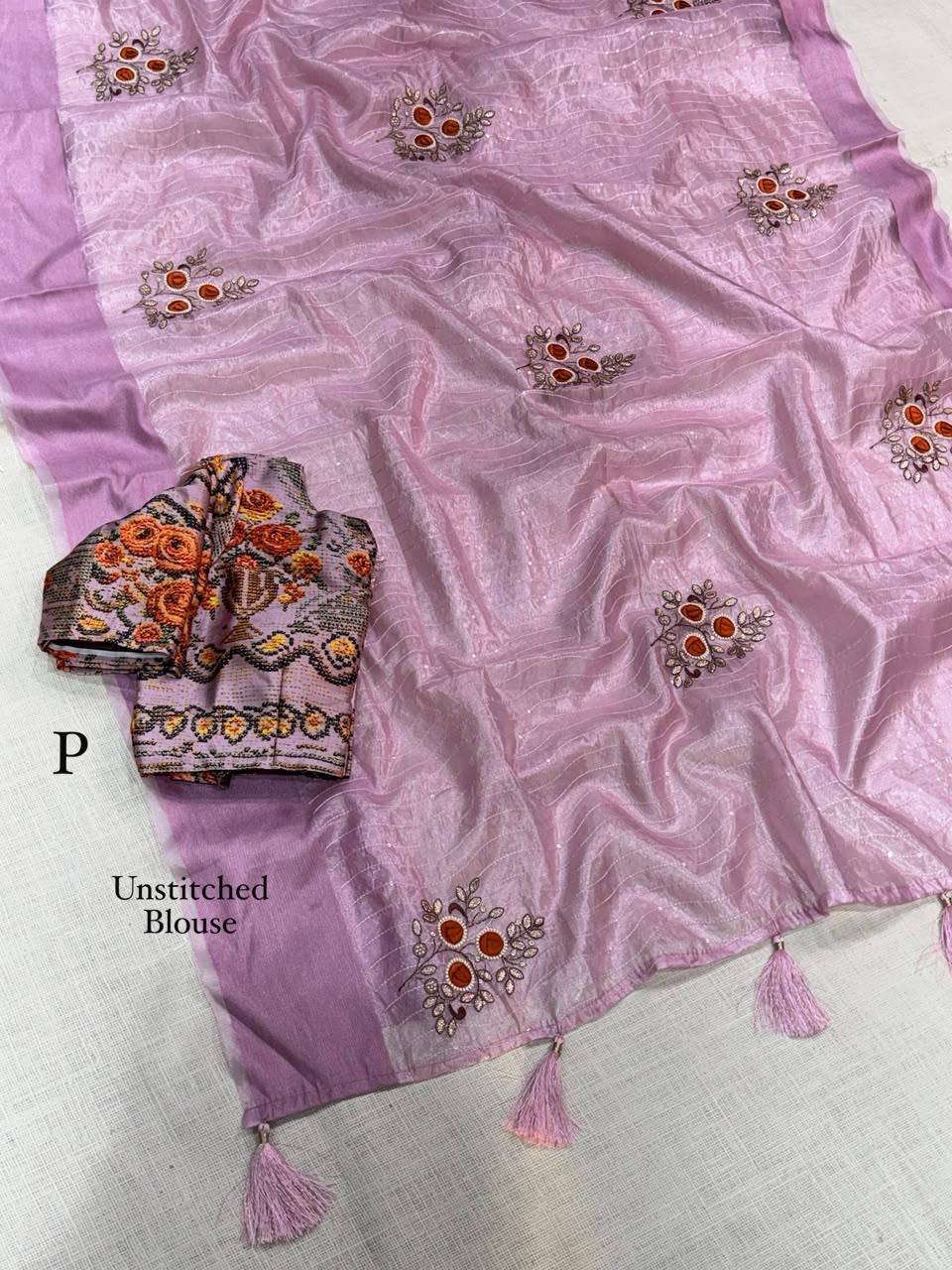 Lilac Tissue Silk Saree with Contrast Printed Blouse & Sequin Embroidery